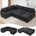 116' Chenille Modular Sofa Bed w/Adjustable Backrests, U-Shape Sleeper Sofa w/USB Ports & Storage Space, Convertible Corner Sectional Couch w/Pull Out Bed for House, Living Room, Black