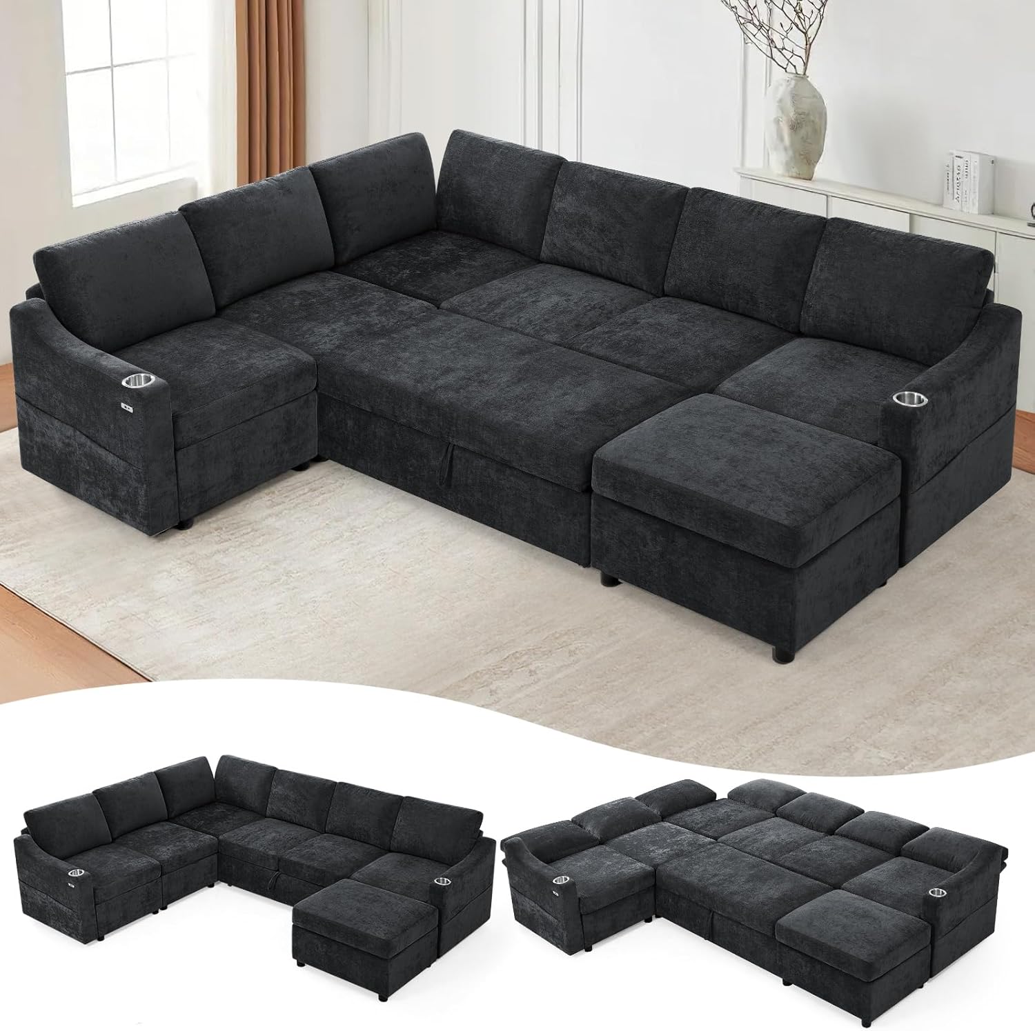 116' Chenille Modular Sofa Bed w/Adjustable Backrests, U-Shape Sleeper Sofa w/USB Ports & Storage Space, Convertible Corner Sectional Couch w/Pull Out Bed for House, Living Room, Black