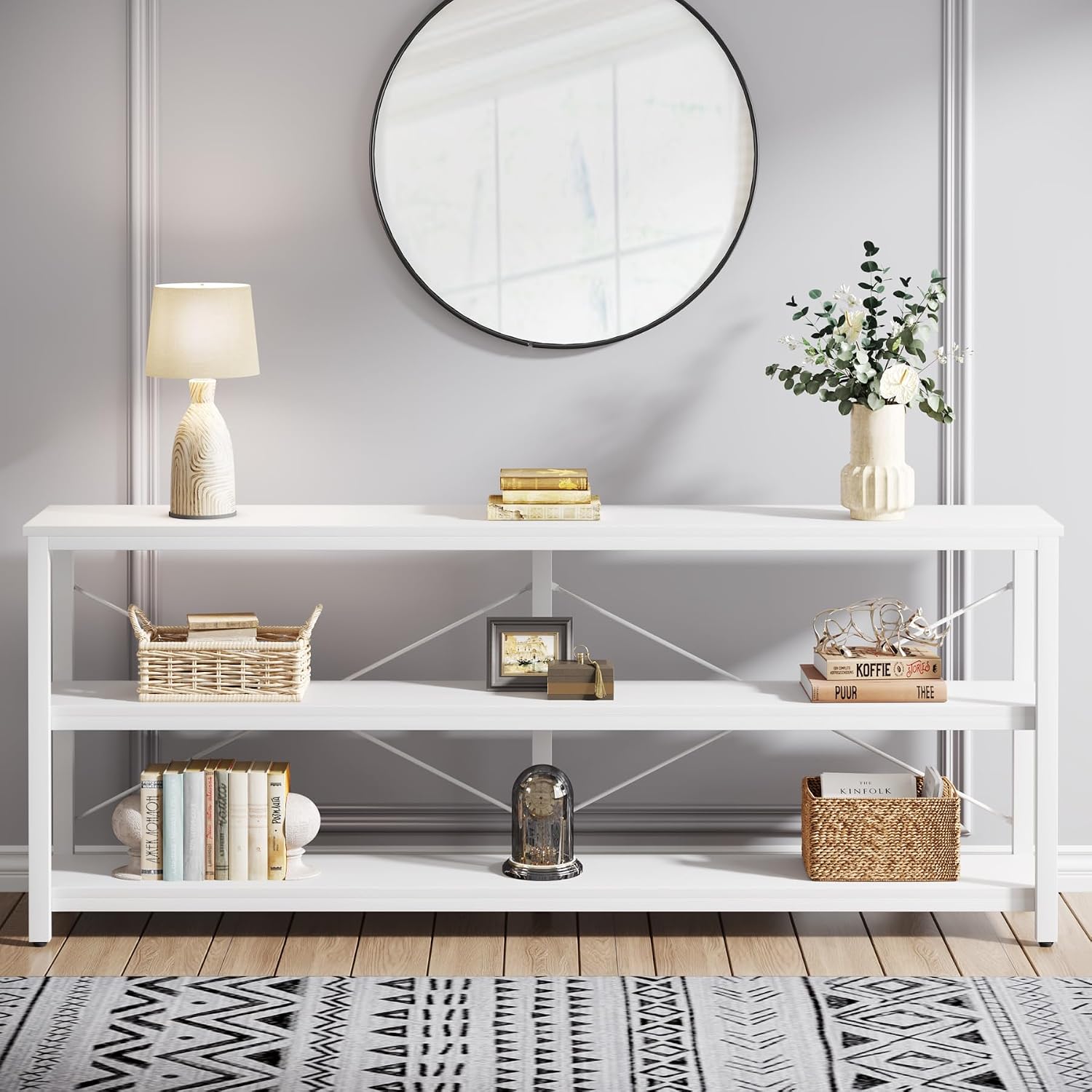 Tribesigns 70.9-Inch Extra Long Console Table, 3-Tier Industrial Sofa Table with Metal Frame, Modern Behind Couch Table with Storage Shelves for Living Room Entryway Hallway Foyer (White)