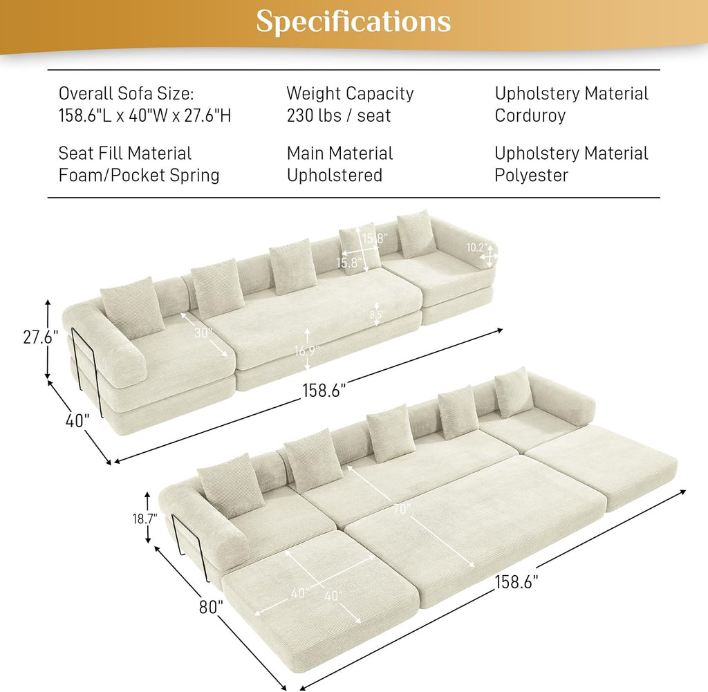 DAMAIFROM Convertible Sleeper Sofa Bed with Cylindrical Pillow,Corduroy Folding Mattress Couch with Fixed-Shape Frame,Modular Floor Sofa Lounge Couch for Living Room Bedroom Lounge,158.6',Beige White
