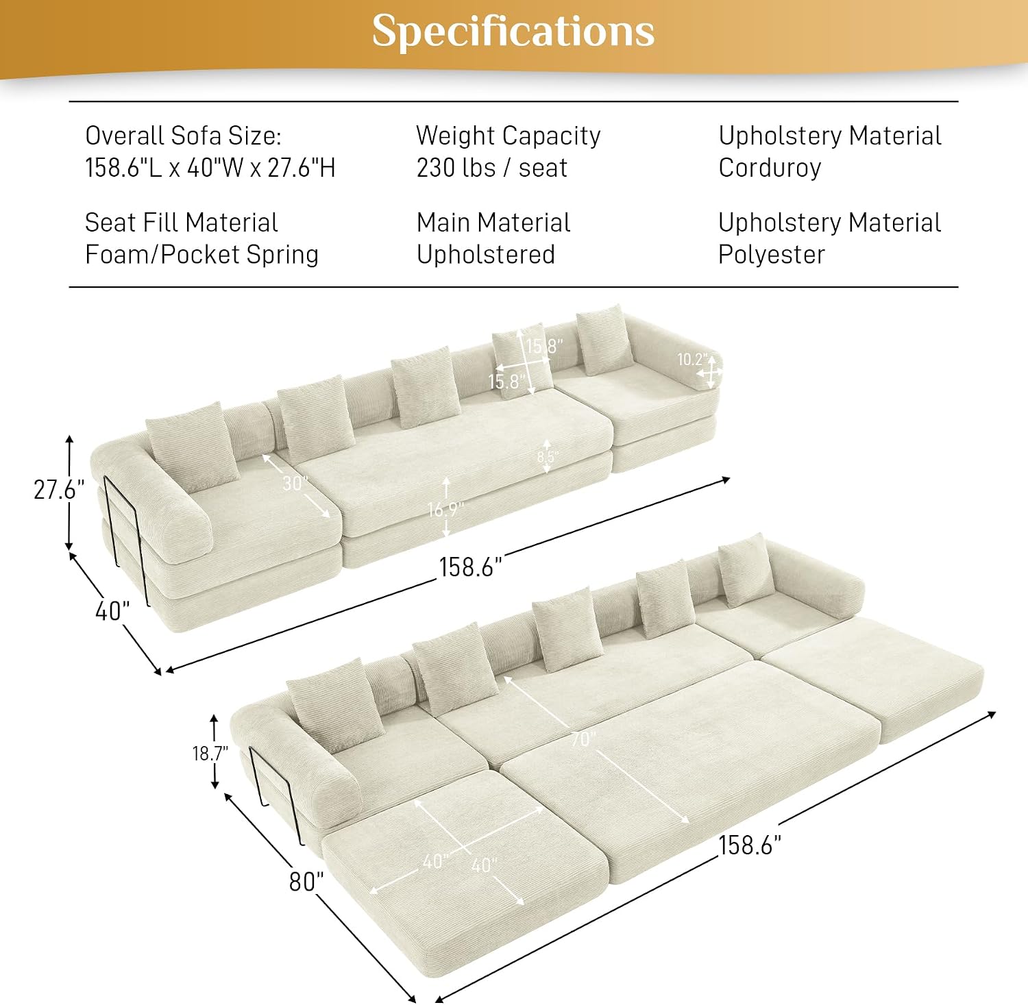 DAMAIFROM Convertible Sleeper Sofa Bed with Cylindrical Pillow,Corduroy Folding Mattress Couch with Fixed-Shape Frame,Modular Floor Sofa Lounge Couch for Living Room Bedroom Lounge,158.6',Beige White