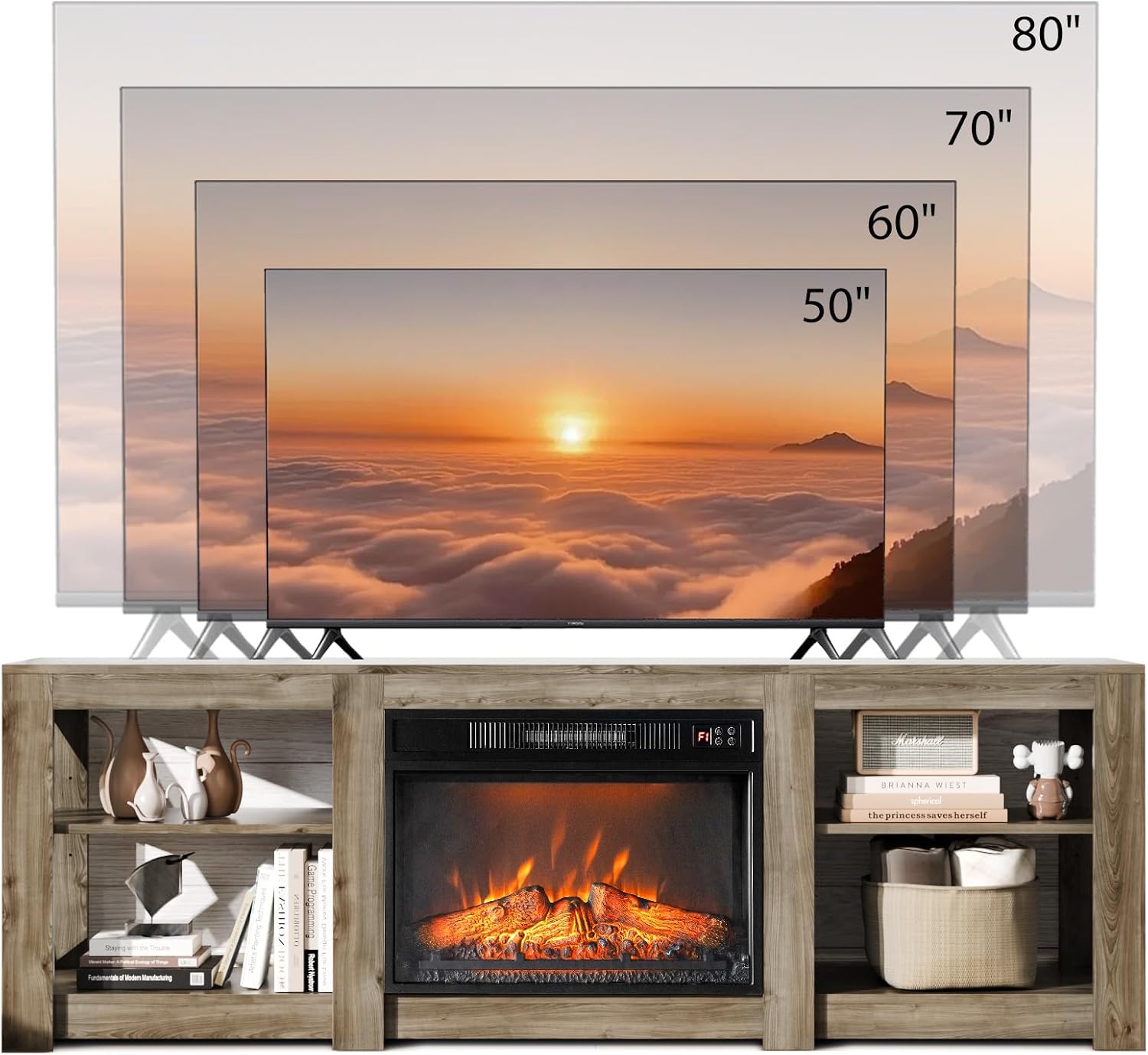 Bonnlo Fireplace TV Stand for TVs up to 80', Rustic Farmhouse Entertainment Center with Electric Heater & Adjustable Shelves, TV Console with Fireplace for Living Room, Gray Oak