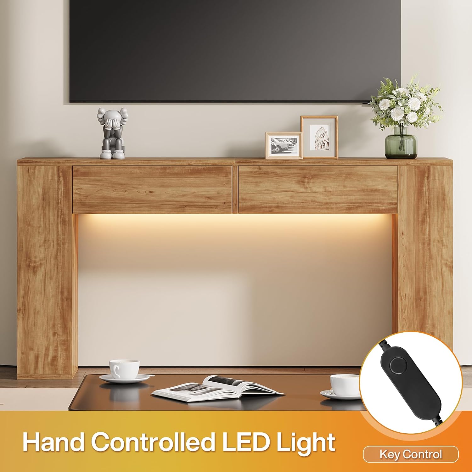 Farmhouse Console Table with LED Light and 2 Drawers, 55 inch Long Sofa Table Behind Couch, Narrow Entry Table for Entryway, Hallway, Entrance, Living Room (Light Brown)