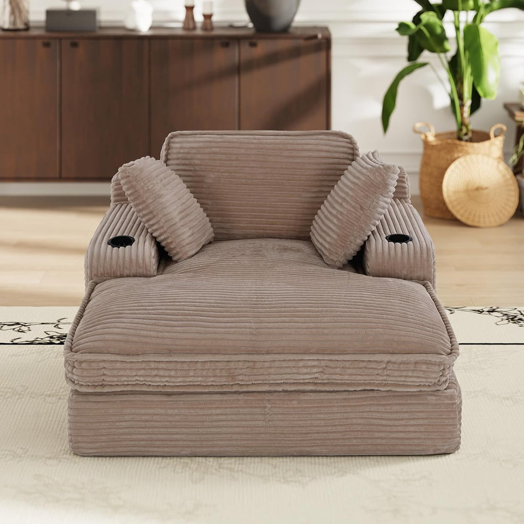 MALOL 67' Chaise Lounge Chair Indoor, Cozy Oversized Fluffy Sofa with Cup Holders & Throw Pillows, Boneless Sleeper Cloud Couch for Living Room, Movie Room and Apartments, Camel