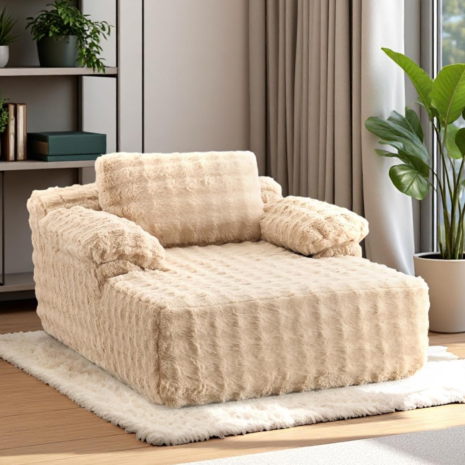 VINGLI Boneless Chaise Lounge Chair, Light Brown Oversized Reading Chair Upholstered Bubble Fleece Cloud Couch Sofa Recliner Bed Comfy Sleeper Sofa for Living Room, Movie Room, Bedroom