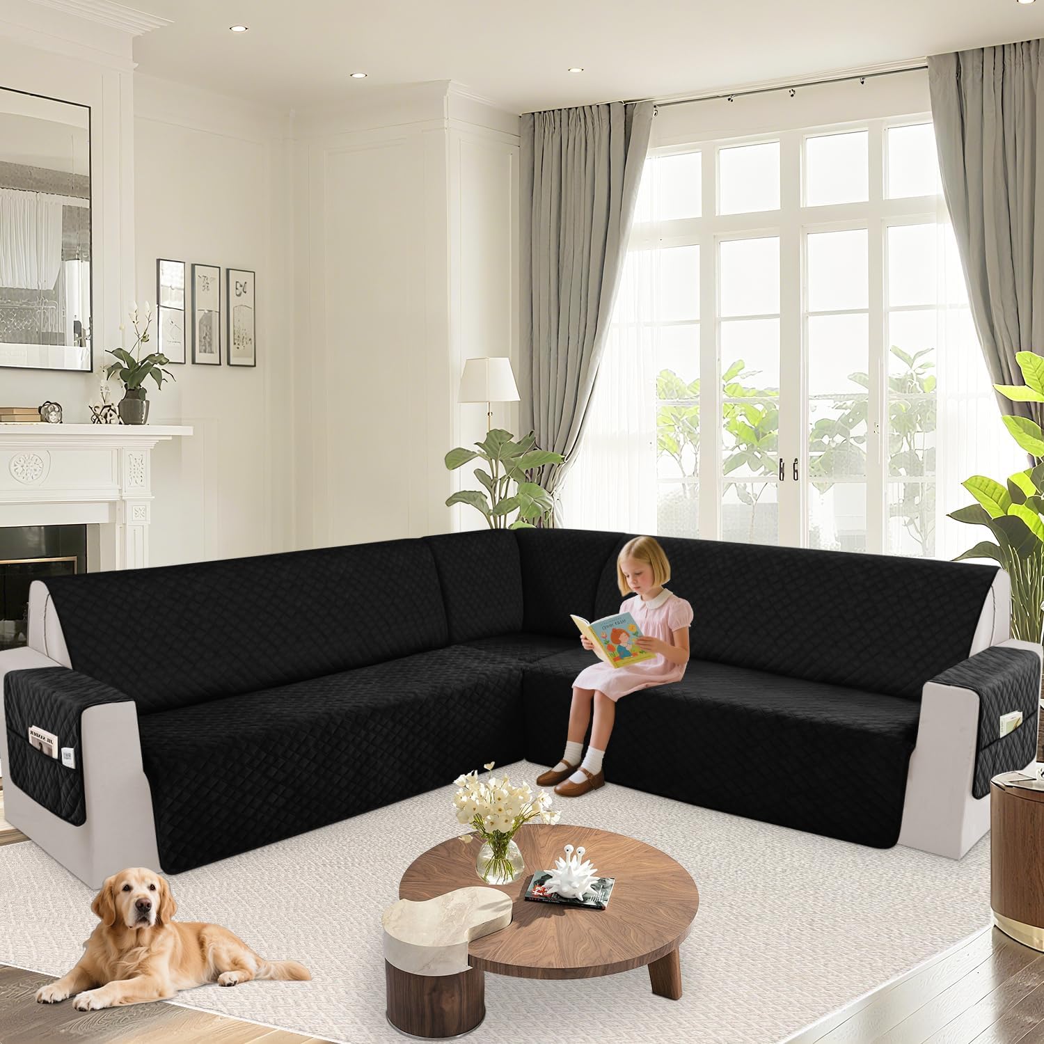 Arfntevss Waterproof Sectional Couch Covers L Shape Washable Velvet Sofa Cover for Sectional Non Slip Large Corner Slipcovers Dog 6 Pcs Universal U Shaped Furniture Protector (Black, XX-Large)