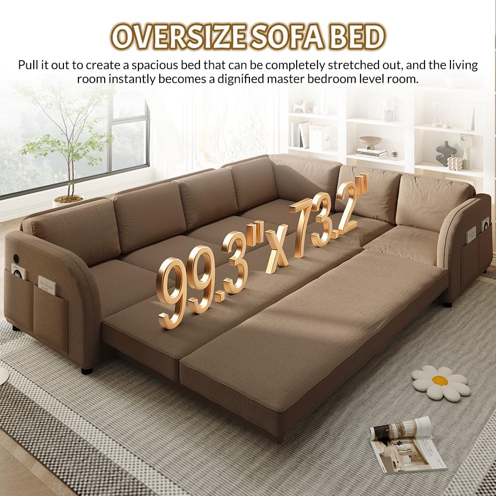115.2'' Pull Out Couch Bed King Size, Convertible Sleeper Sofa, Oversized 6-Seater L-Shaped Couches with Side Pockets, USB, Teddy Reversible Sectional Sofa for Living Room, Apartment, Brown