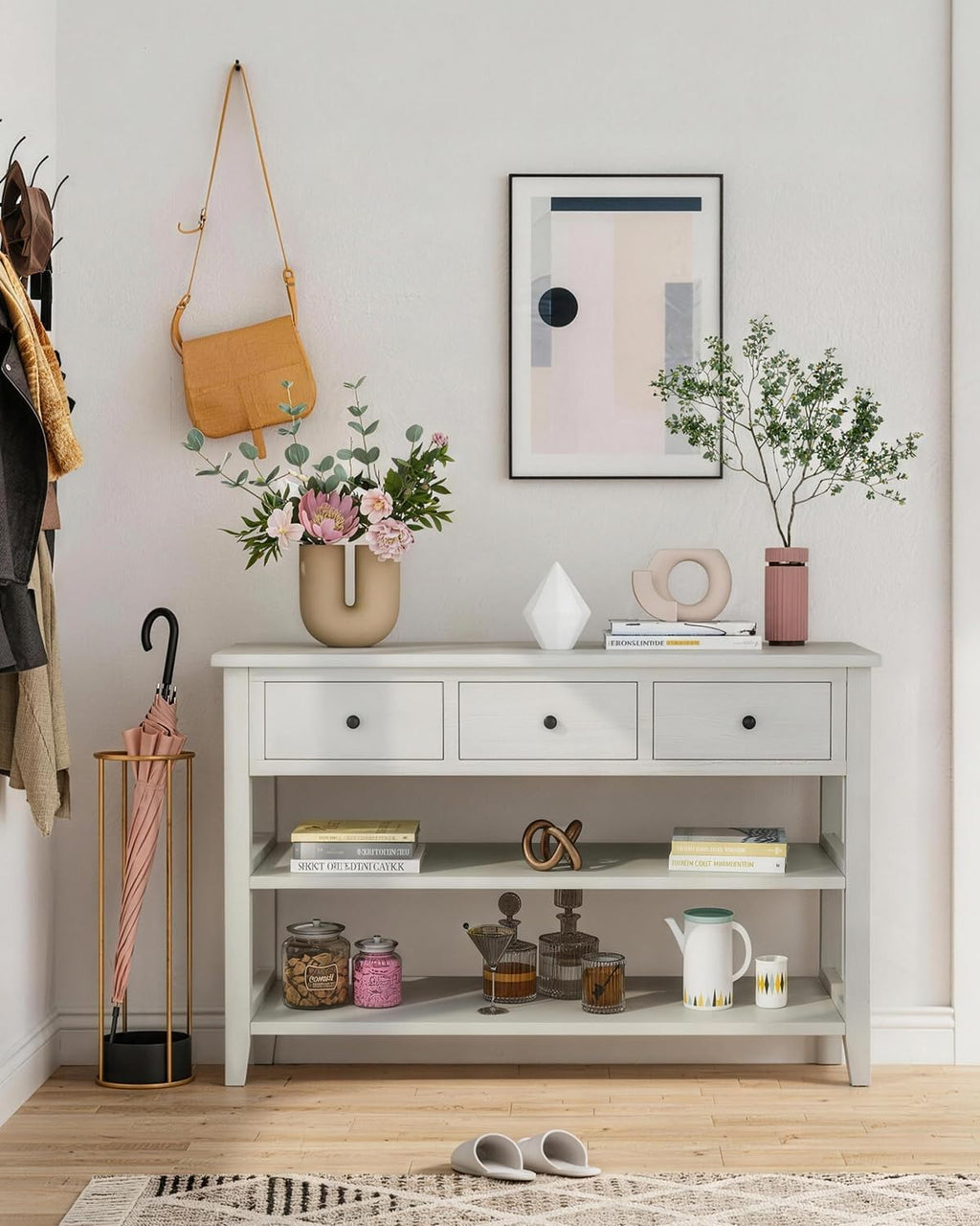Karl home Console Table Entryway Desk, Sofa Side Table with 3 Drawers 2 Bottom Storage Shelves, Vintage TV Stand for Hallway Living Room Office, Antique White 29.9' H