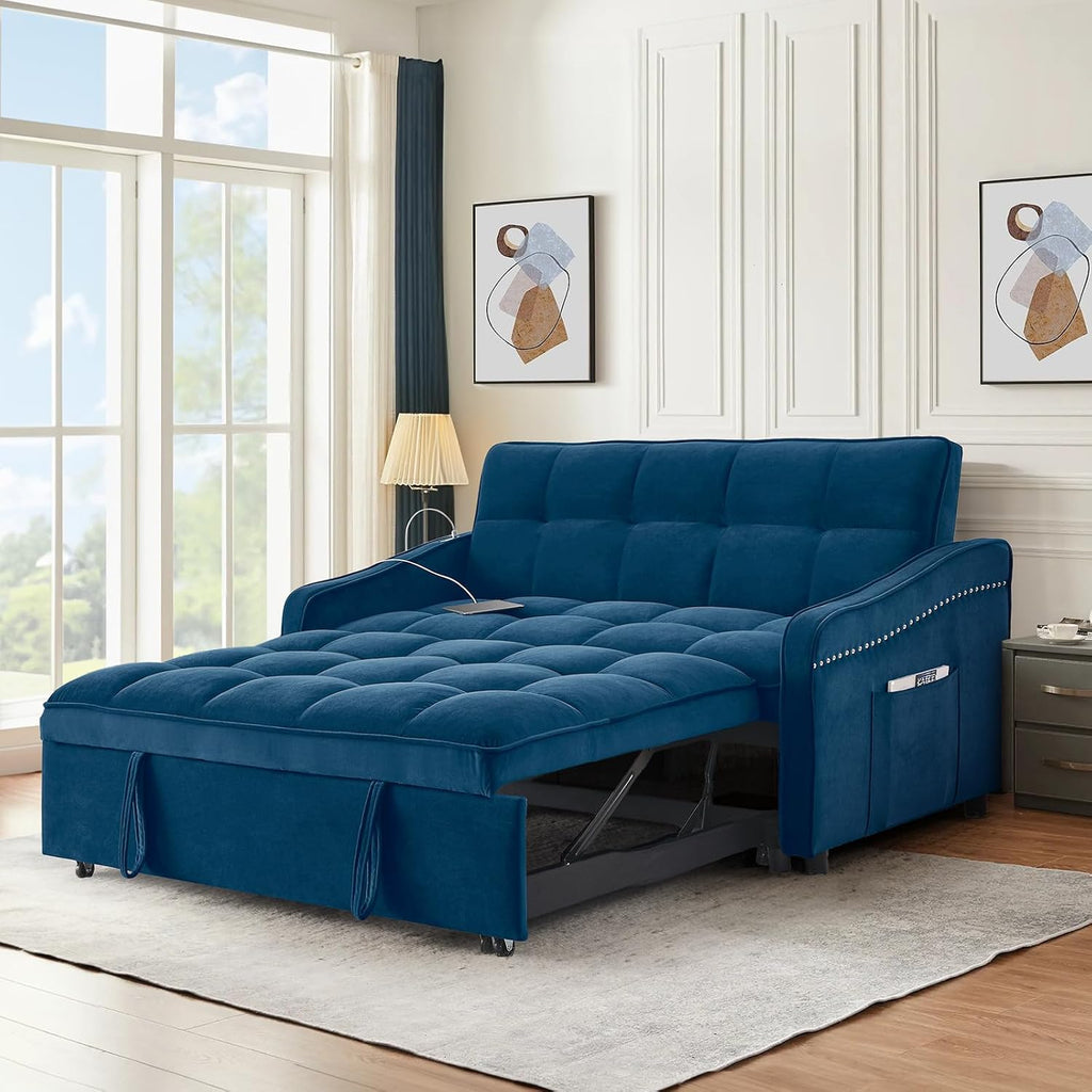 Antetek 3 in 1 Sleeper Sofa Couch Bed with USB & Type C Port, 52' Small Modern Convertible Tufted Velvet Loveseat Sofa w/Pull Out Bed for Living Room Small Space Apartment, Blue