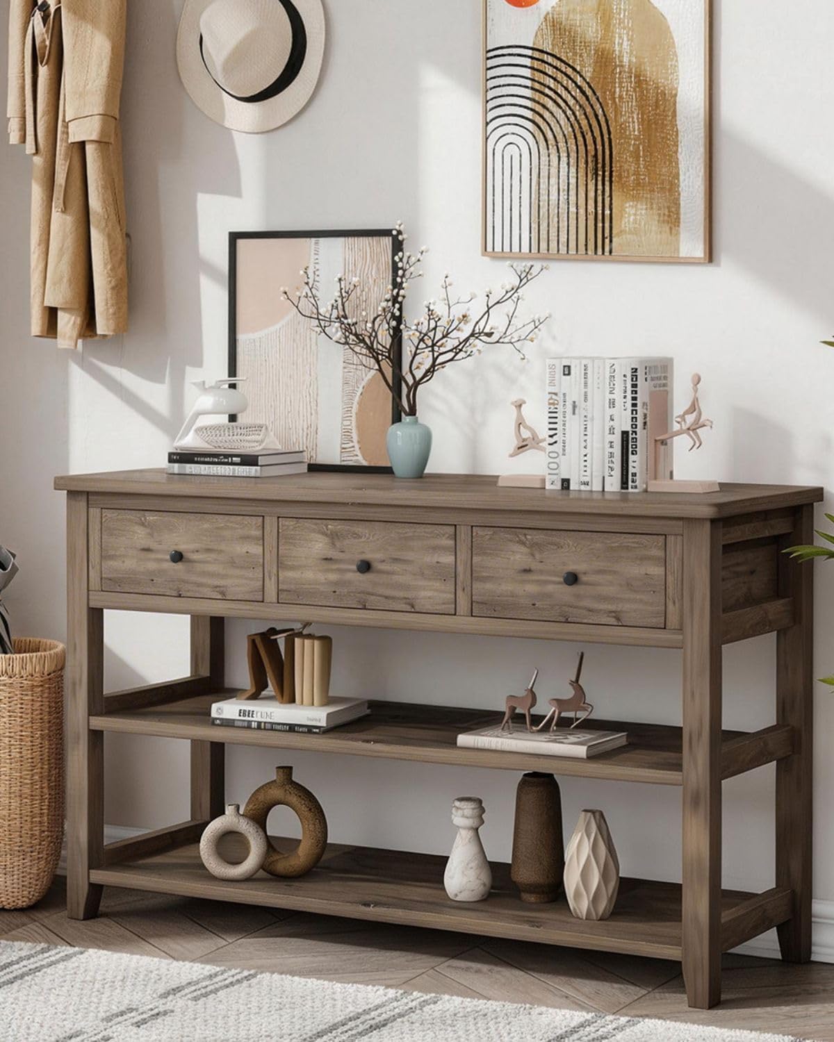 Karl home Console Table with 3 Drawers, 47' Farmhouse Wash Grey Entryway Sofa Table with Silent Slide Rails & Anti-Fall Guardrails for Hallway, Living Room, Foyer, Office