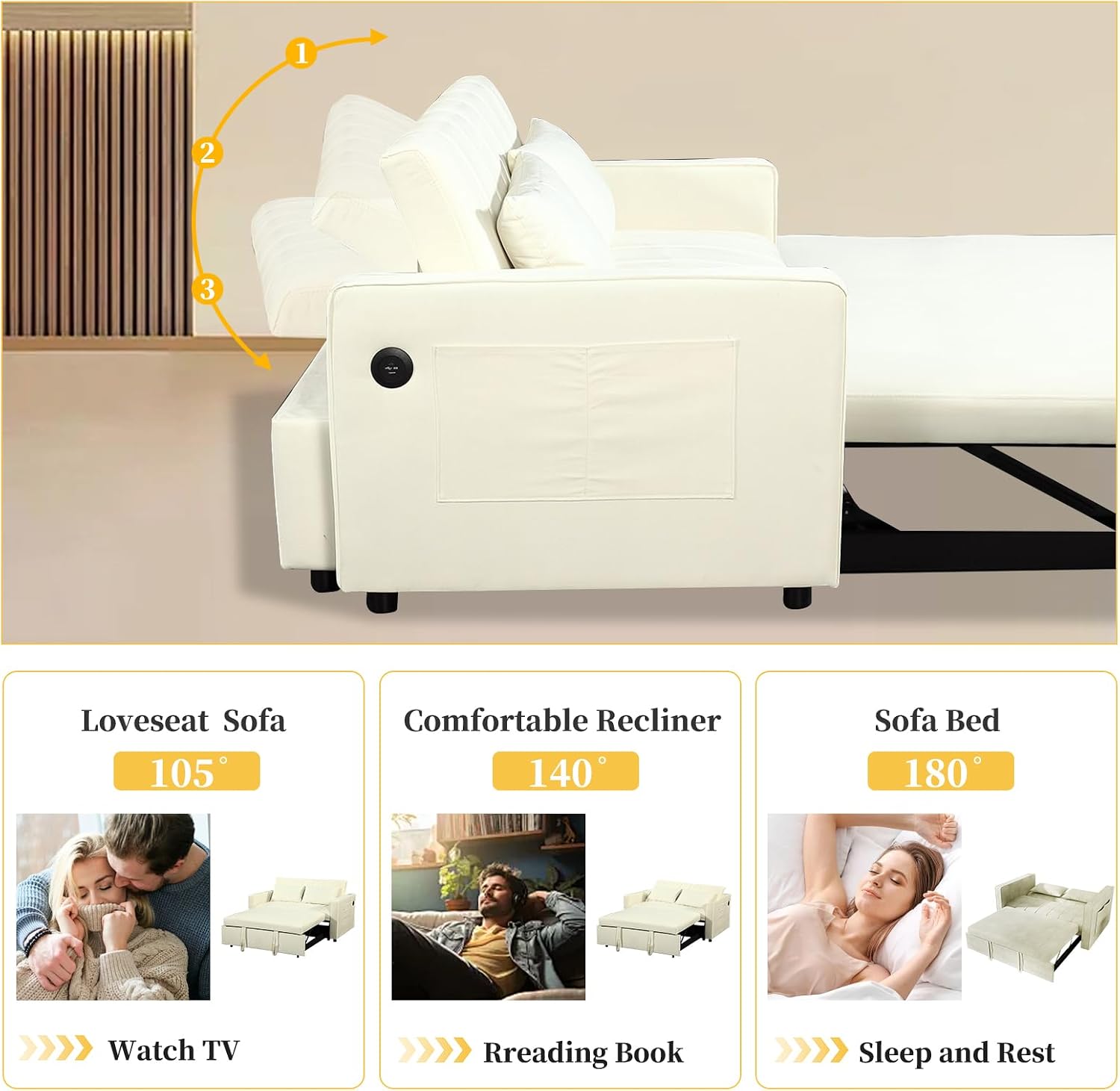 63.8' Queen Sleeper Sofa Bed,3-in-1 Convertible Sofa Bed with Phone Holder,USB Port,Velvet Pull Out Bed with Side Storage,Recliner Loveseat Sofa for Living Room,Small Space (Off-White)