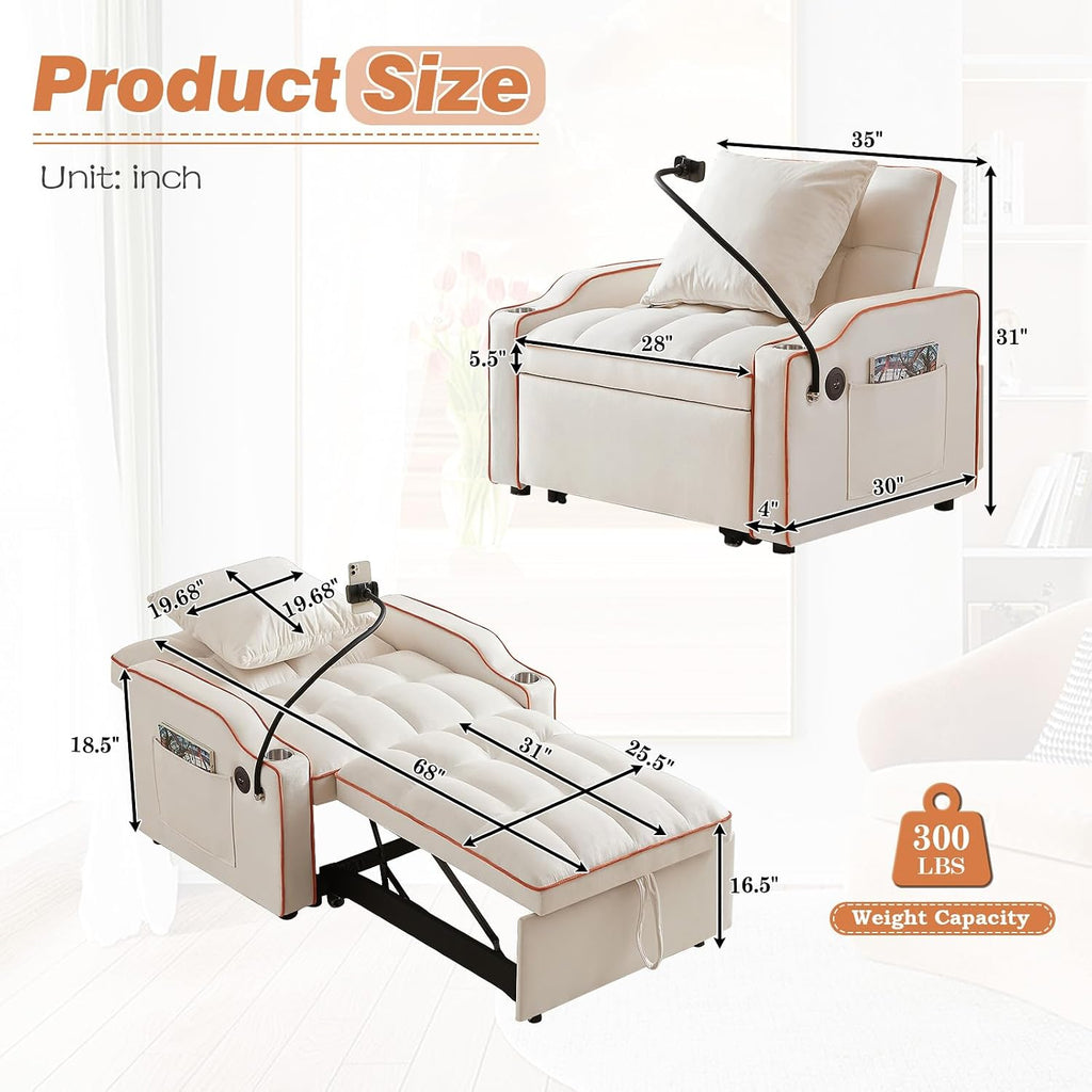Antetek Sleeper Sofa Chair Bed with Charging Ports & Phone Holder & Cup Holder, Modern Velvet 3 in 1 Convertible Pull Out Single Sofa Chair Bed for Small Spaces Apartment, Beige