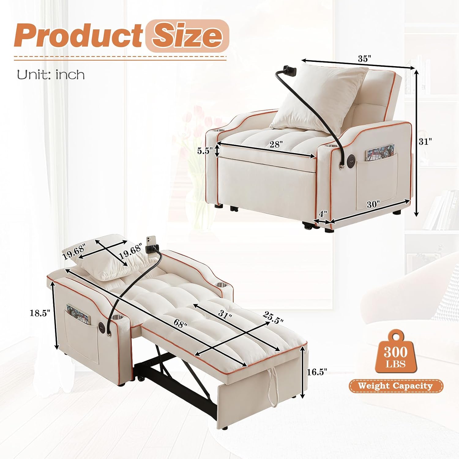Antetek Sleeper Sofa Chair Bed with Charging Ports & Phone Holder & Cup Holder, Modern Velvet 3 in 1 Convertible Pull Out Single Sofa Chair Bed for Small Spaces Apartment, Beige