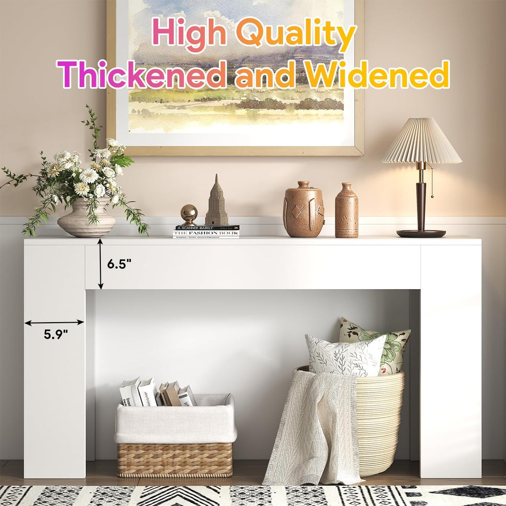 knoworld 63-Inch Long Console Table with LED Light, Farmhouse Sofa Table Behind Couch, Wooden Console Table for Entryway Hallway Entrance Living Room, White