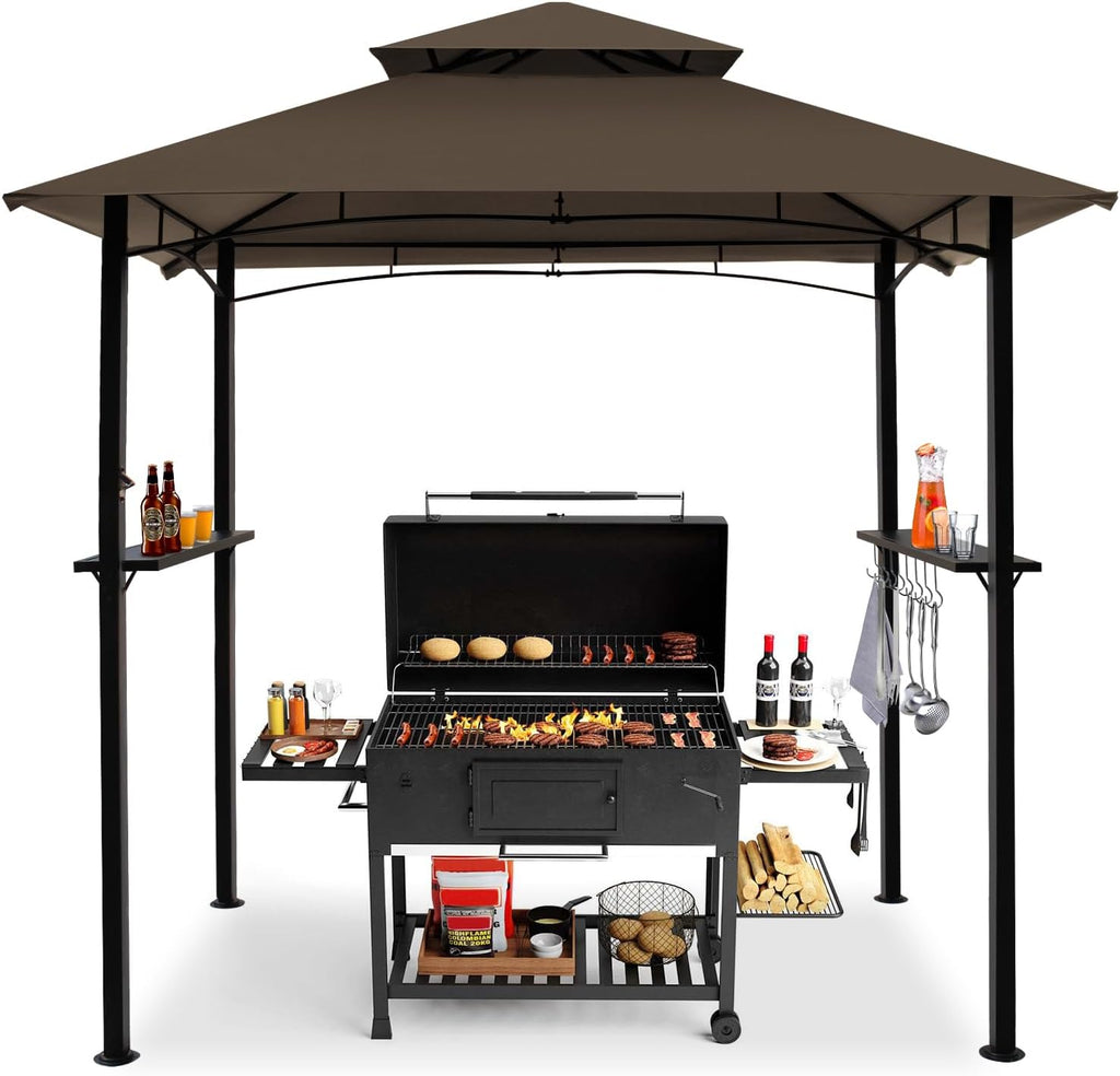 8x5 Grill Gazebo, Outdoor BBQ Grill Patio Canopy with 2 Handy Shelves & LED Lights, Double Roof Barbecue Gazebo Canopy (Brown)