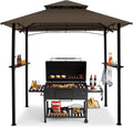 8x5 Grill Gazebo, Outdoor BBQ Grill Patio Canopy with 2 Handy Shelves & LED Lights, Double Roof Barbecue Gazebo Canopy (Brown)