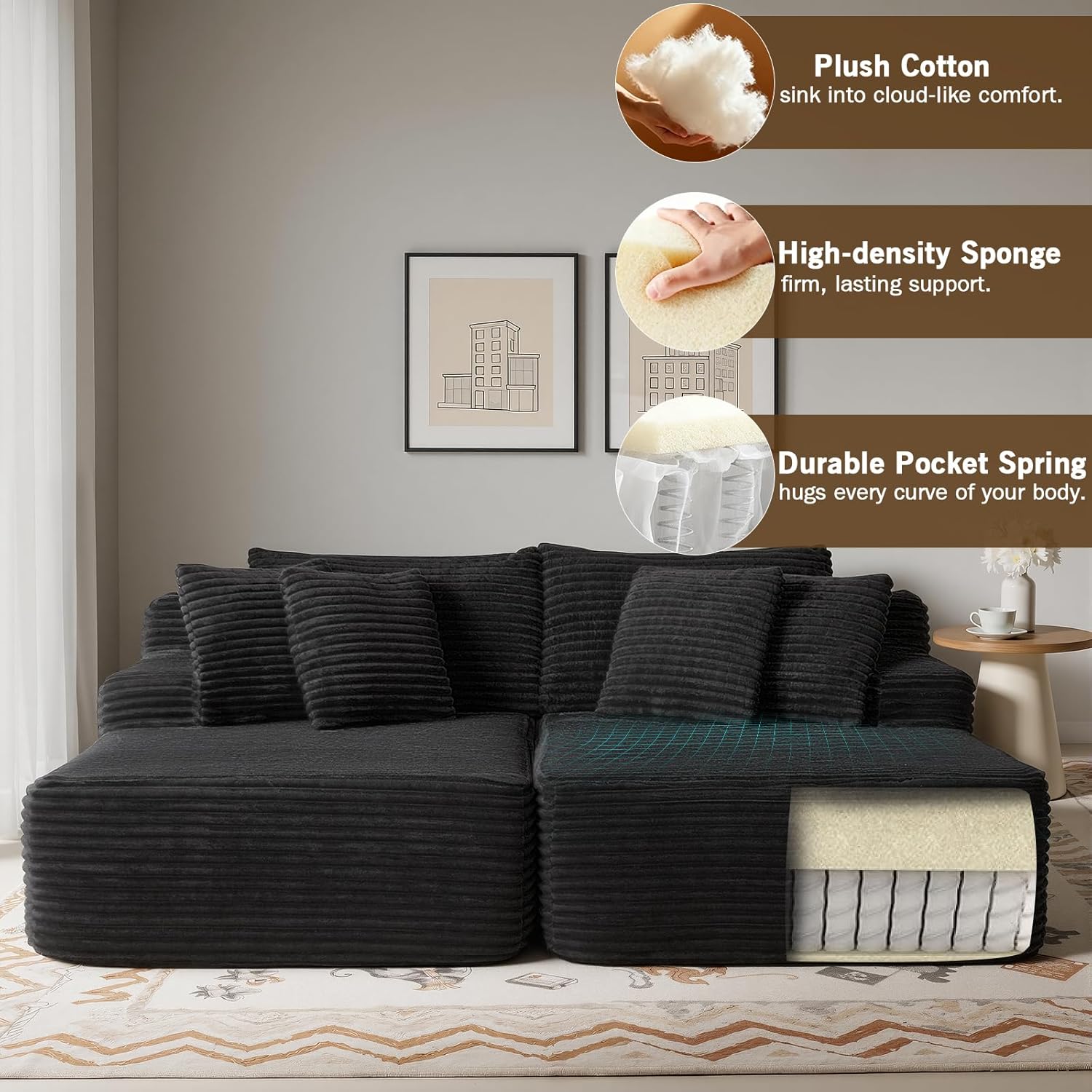 83' Oversized Double Chaise Lounge Indoor, Black Corduroy Chaise Lounge Chair, Upholstered Sleeper Sofa Bed, Deep Seat Sleeper Loveseat Reading Chairs, Boneless Cloud Couch for Living Room Bedroom