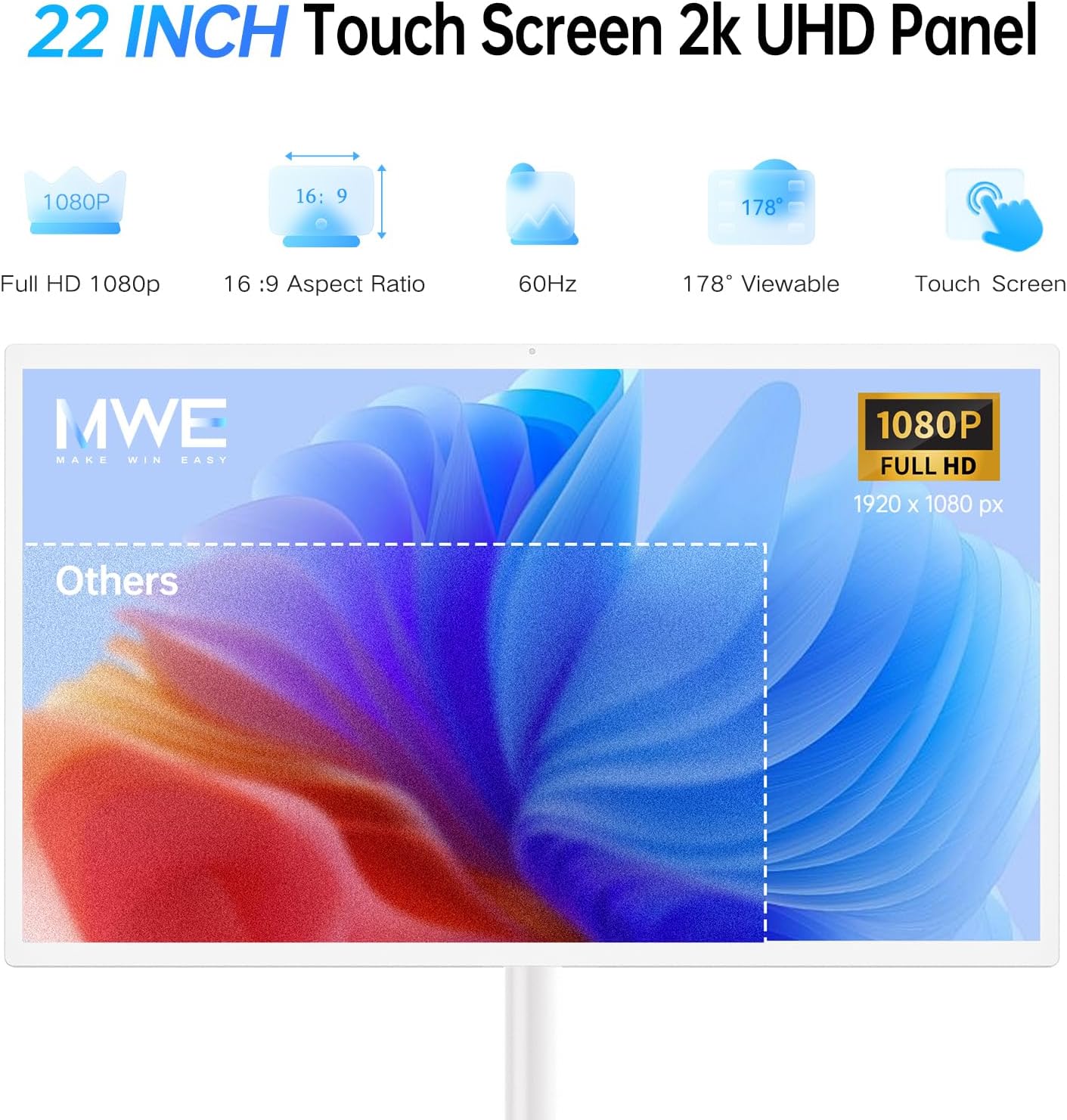 22 Inch Portable TV on Wheels, 2K Smart Touch Screen Rolling TV LCD Display with Wires plugged in use, Android OS, Type-C, USB, HDMI Port, Support Wireless Mouse Keyboard