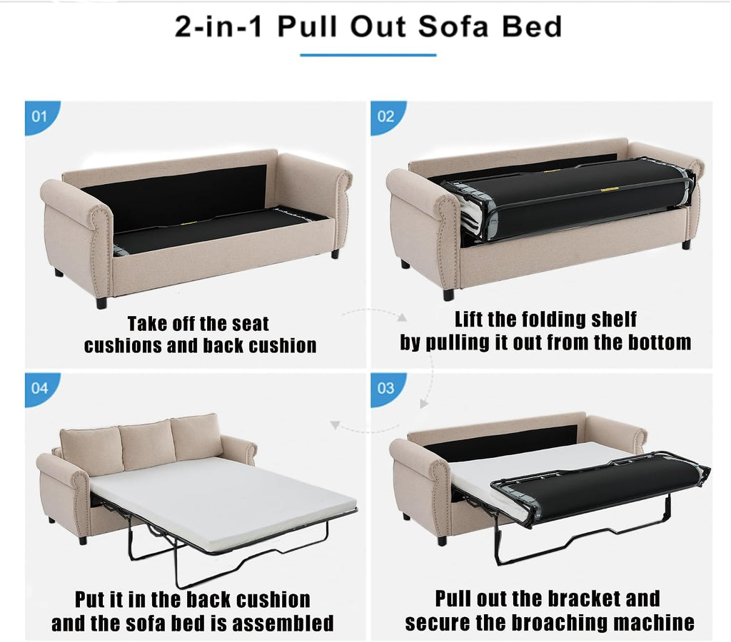 81.5'' Pull Out Couch Queen Size, Convertible Sleeper Sofa Bed, Upholstered Linen 3-Seater Sofa with Pull Out Bed, Mattress, Rivet, Deep Couches for Living Room, Apartment, Beige