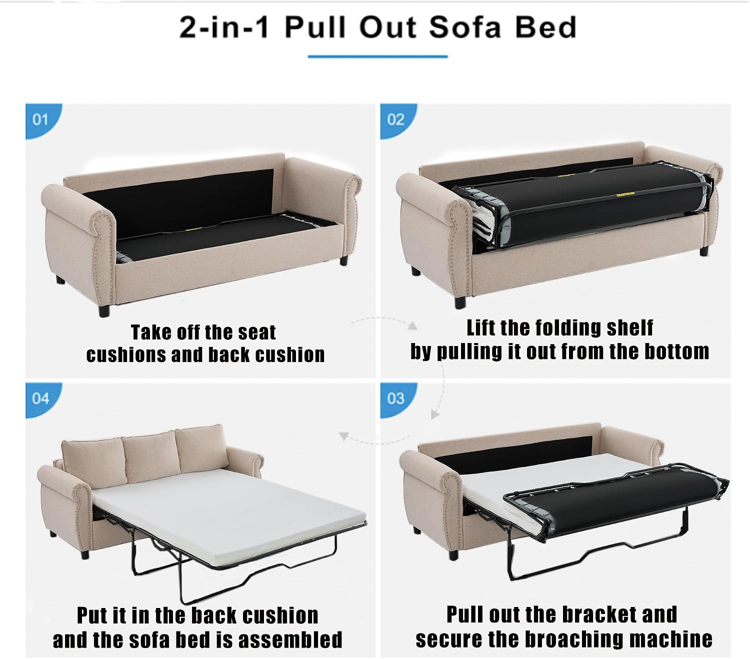 Sleeper Sofa Bed Full Size, Pull Out Couch with Mattress, 81.5'' 3 Seater Upholstery Sectional Couches, Modern Linen Convertible Sofa, Living Room Furniture for Small Spaces, Apartment, Beige | Memory Foam Mattress