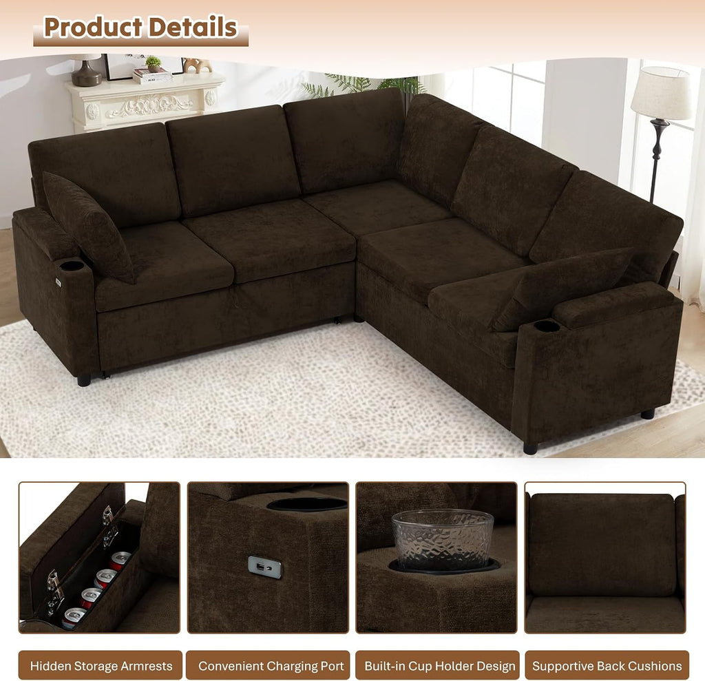 85' Chenille Reversible Sectional Sofa w/Pull-Out Bed, Upholstery L-Shaped Couch w/Storage Armrests & Cup Holders, Modern Corner Sofa w/USB Charging Port & Throw Pillow for Living Room, Brown