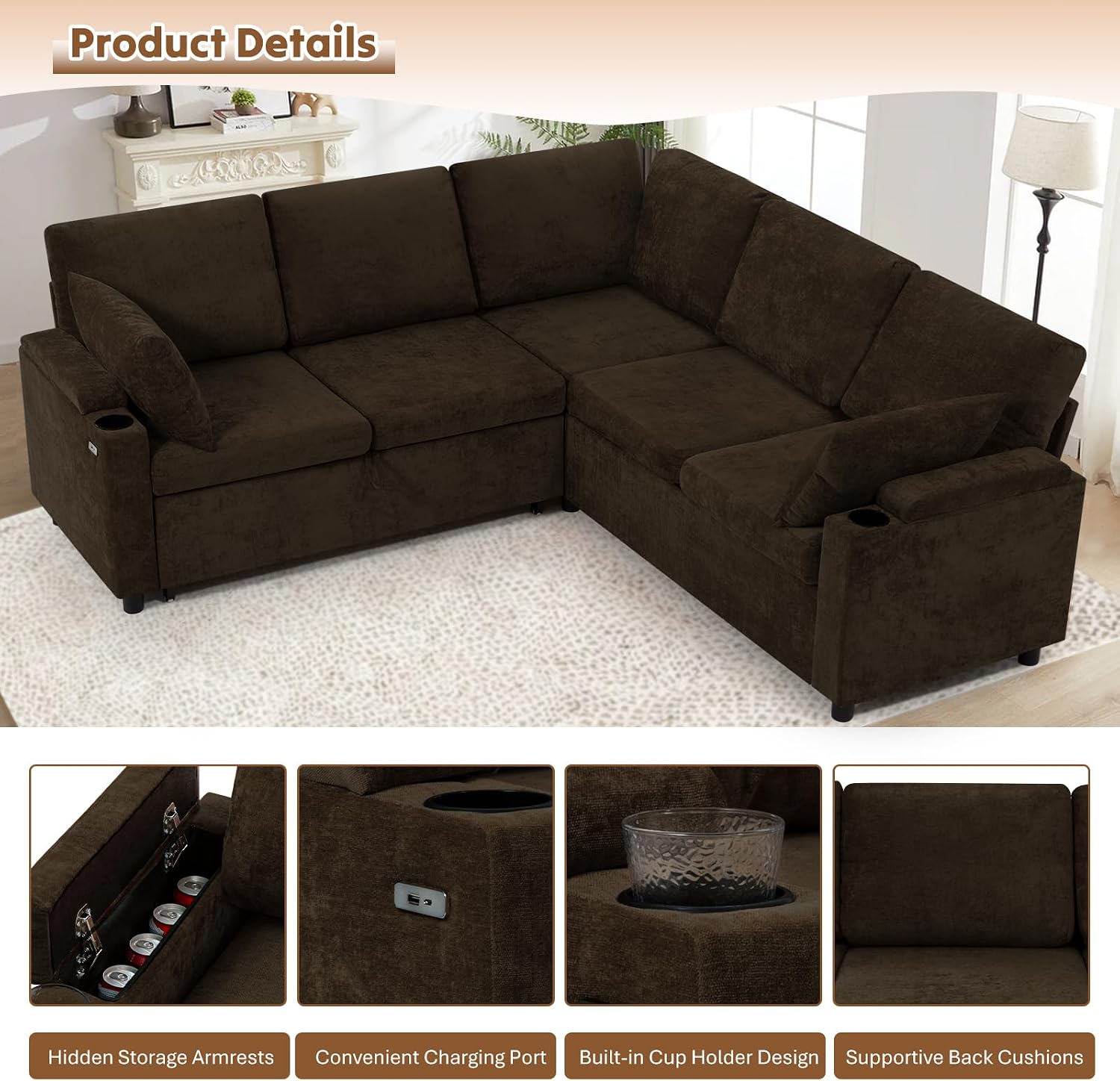 85' Chenille Reversible Sectional Sofa w/Pull-Out Bed, Upholstery L-Shaped Couch w/Storage Armrests & Cup Holders, Modern Corner Sofa w/USB Charging Port & Throw Pillow for Living Room, Brown