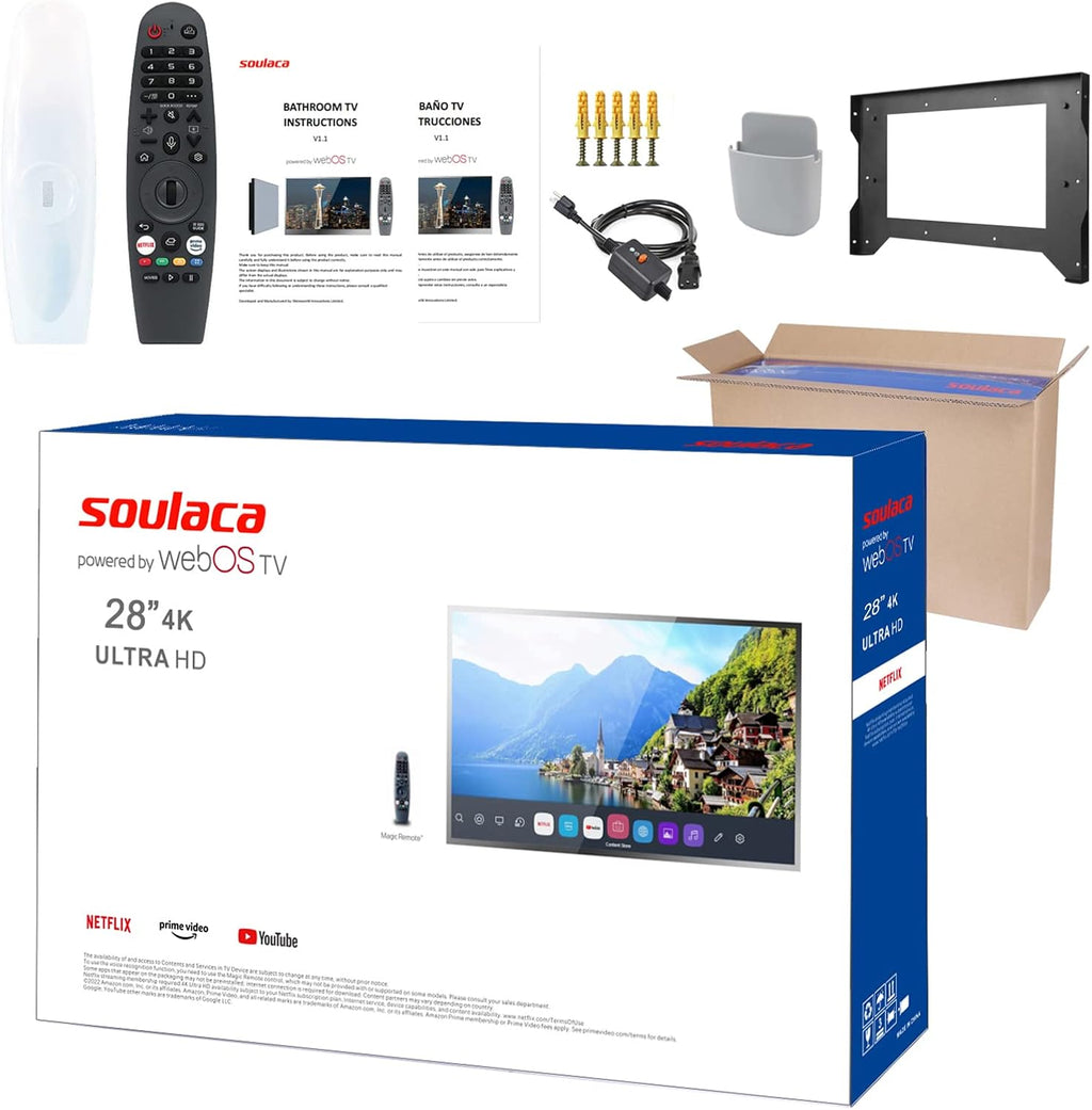 Soulaca 28 inches Smart Magic Mirror TV 4K UHD LED Display with Vanishing Screen IP65 Waterproof Bathroom ATSC Television for SPA, Hotel & Luxury Home Décor