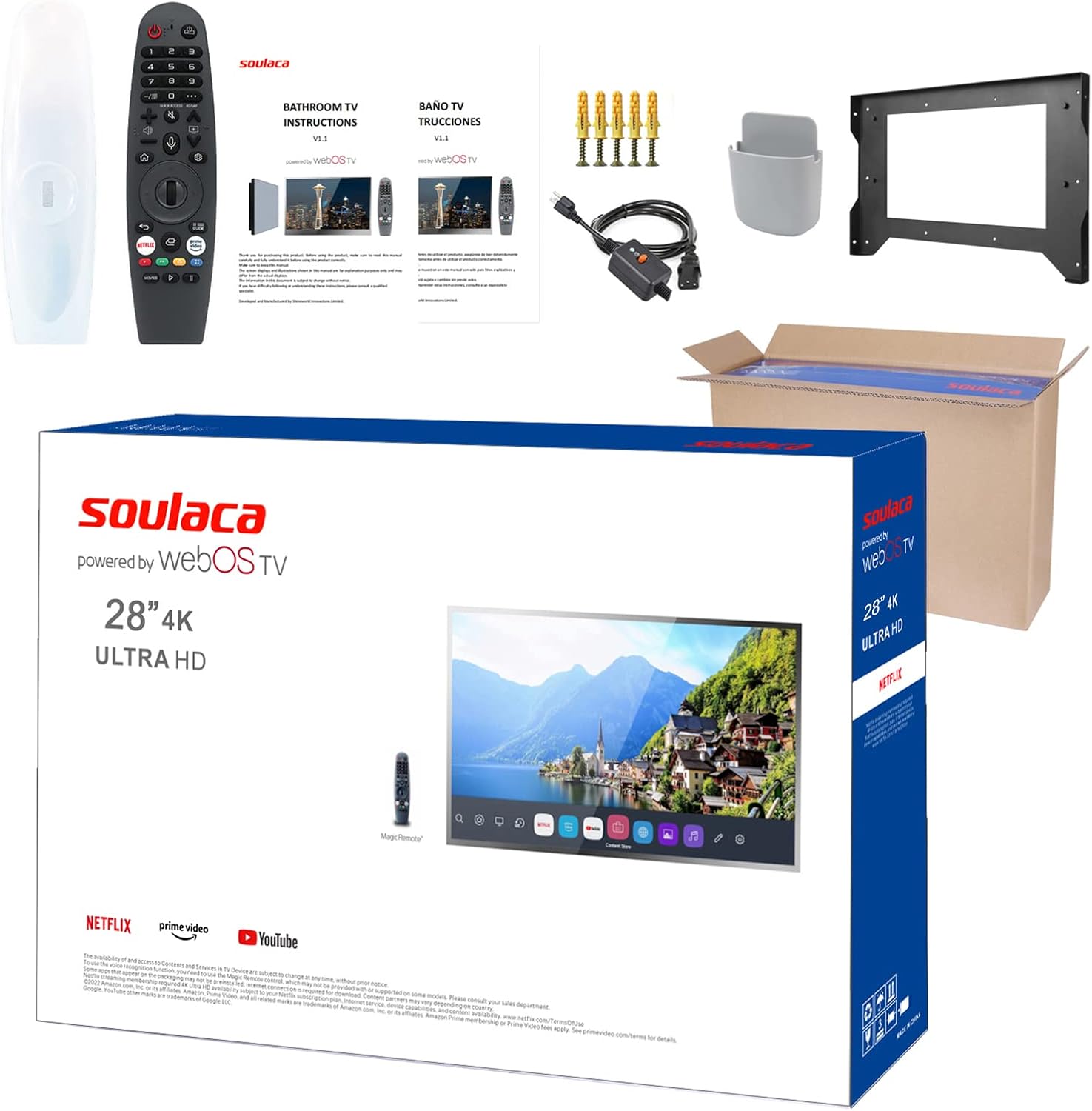 Soulaca 28 inches Smart Magic Mirror TV 4K UHD LED Display with Vanishing Screen IP65 Waterproof Bathroom ATSC Television for SPA, Hotel & Luxury Home Décor