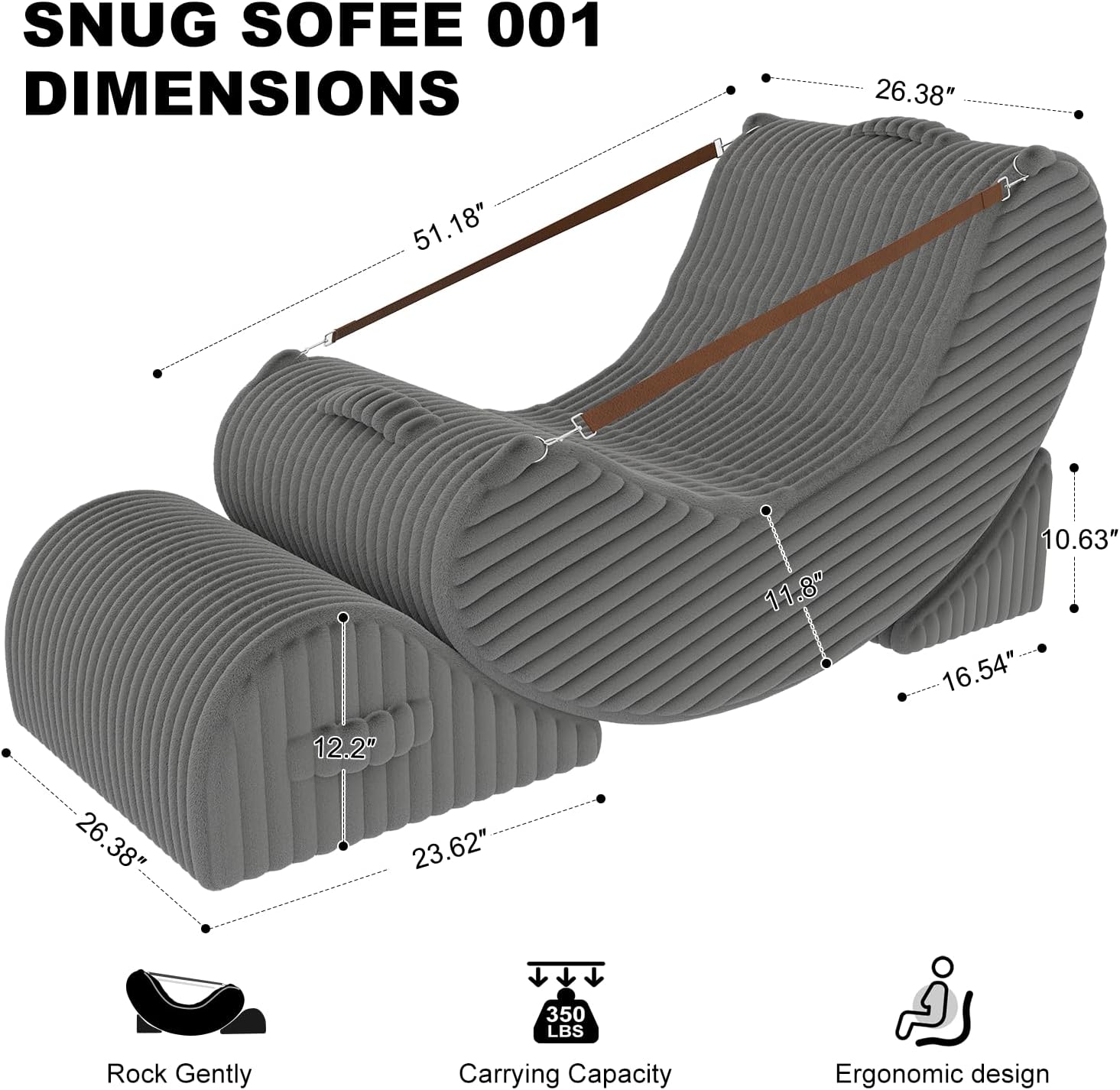 3-in-1 Adjustable Zero Gravity Floor Chair, Oversized Corduroy Boneless Chair for Adults with Memory Foam & Washable Cover, Silent Rocker Recliner Lounge Chair for Reading, Nursing, Gaming, Gray