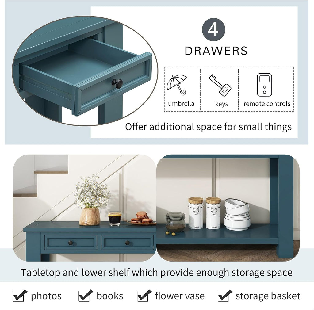 GDFStudio Farmhouse Console Table with 4 Drawer 63' Long Rustic Entryway Table with Open Storage Shelves Vintage Metal Handle Narrow Foyer Sofa Tables for Living Room Entryway Hallway, Dark Blue