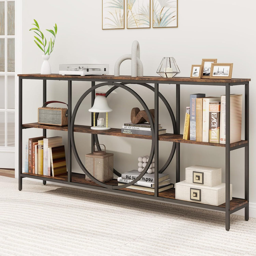 Giantex Narrow Long Console Table, 3-Tier Entryway Table with Faux Wood Grain Top&Heavy-Duty Metal Frame, Mid-Century Accent Sofa Tables with Open Storage Shelves for Living Room, Hallway(Brown+Black)