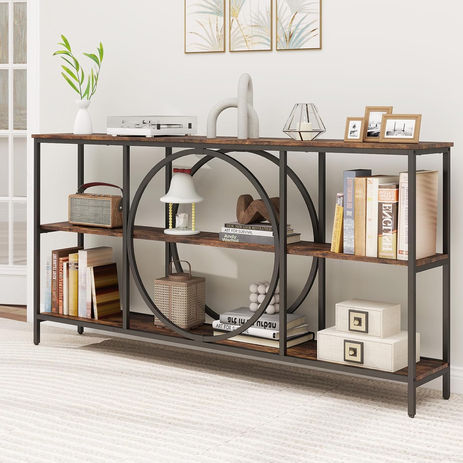 Giantex Narrow Long Console Table, 3-Tier Entryway Table with Faux Wood Grain Top&Heavy-Duty Metal Frame, Mid-Century Accent Sofa Tables with Open Storage Shelves for Living Room, Hallway(Brown+Black)