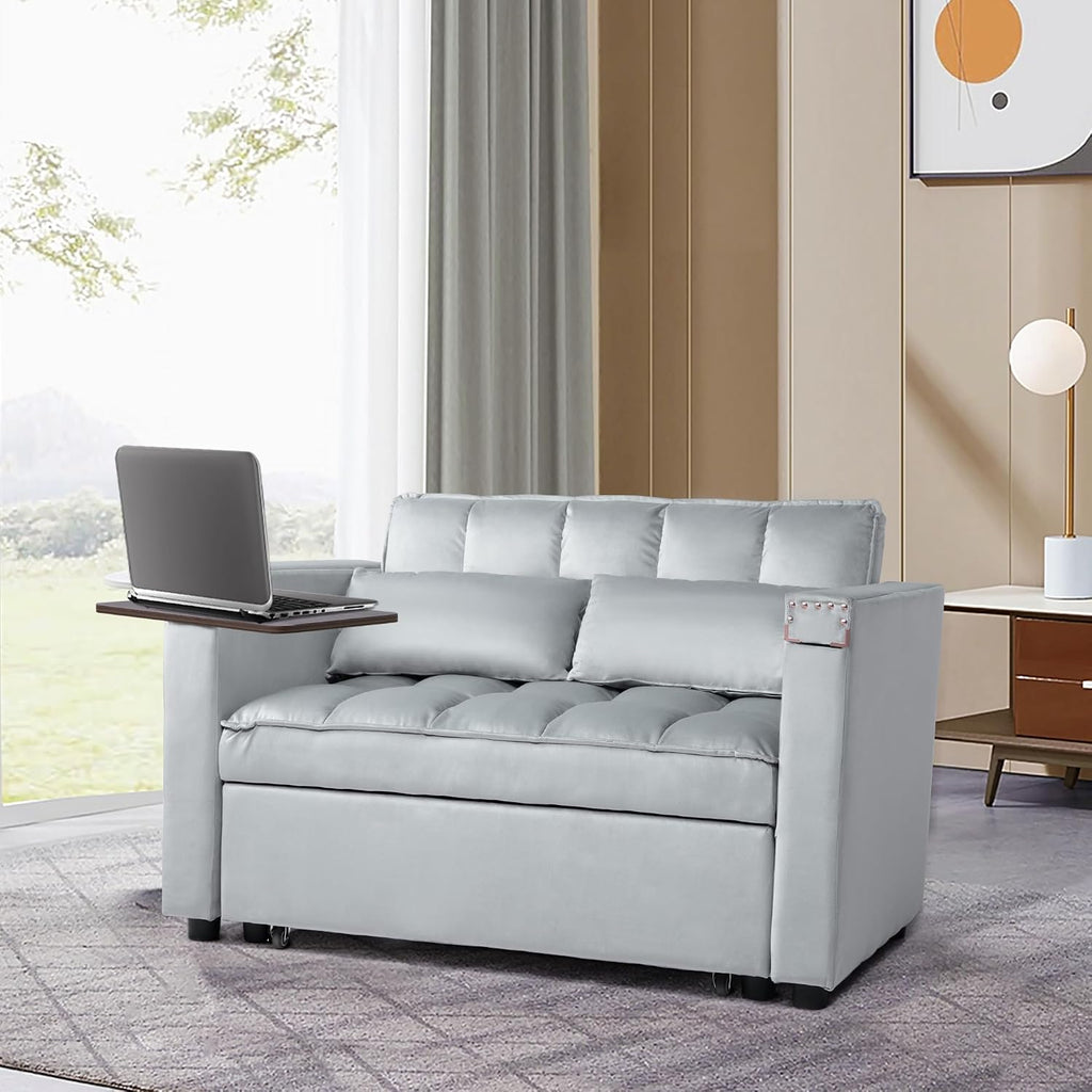 weselon Velvet Convertible 3 in 1 Sleeper Sofa Bed, Small Upholstered Loveseat Pull Out Couch, Multi-Functional Sleeper Futon with Hidden Table and Adjustable Backrest for Living Room (Gray)