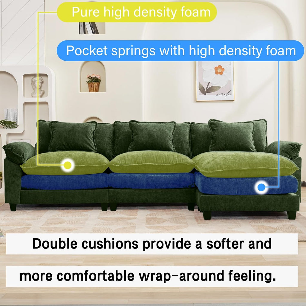 Oprisen 120' Modular Sectional Sofa, Comfy Cloud Couch Sectional Sofa with Ottoman, Chenille Sofa Sleeper Deep Seat Sofa with Throw Pillows for Living Room (Green, 120'- L Shape)