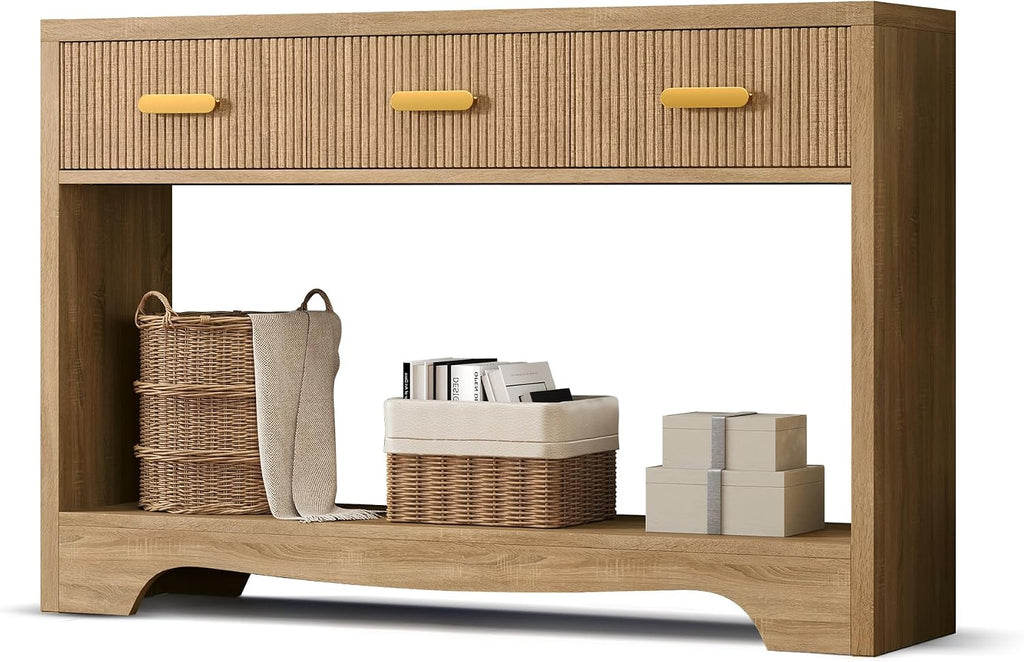 Fluted Console Table with Drawers, 47' Narrow Entryway Table with 3 Drawers and Open Storage Shelf, Long Sofa Tables Modern Behind Couch Tables for Living Room, Foyer and Hallway