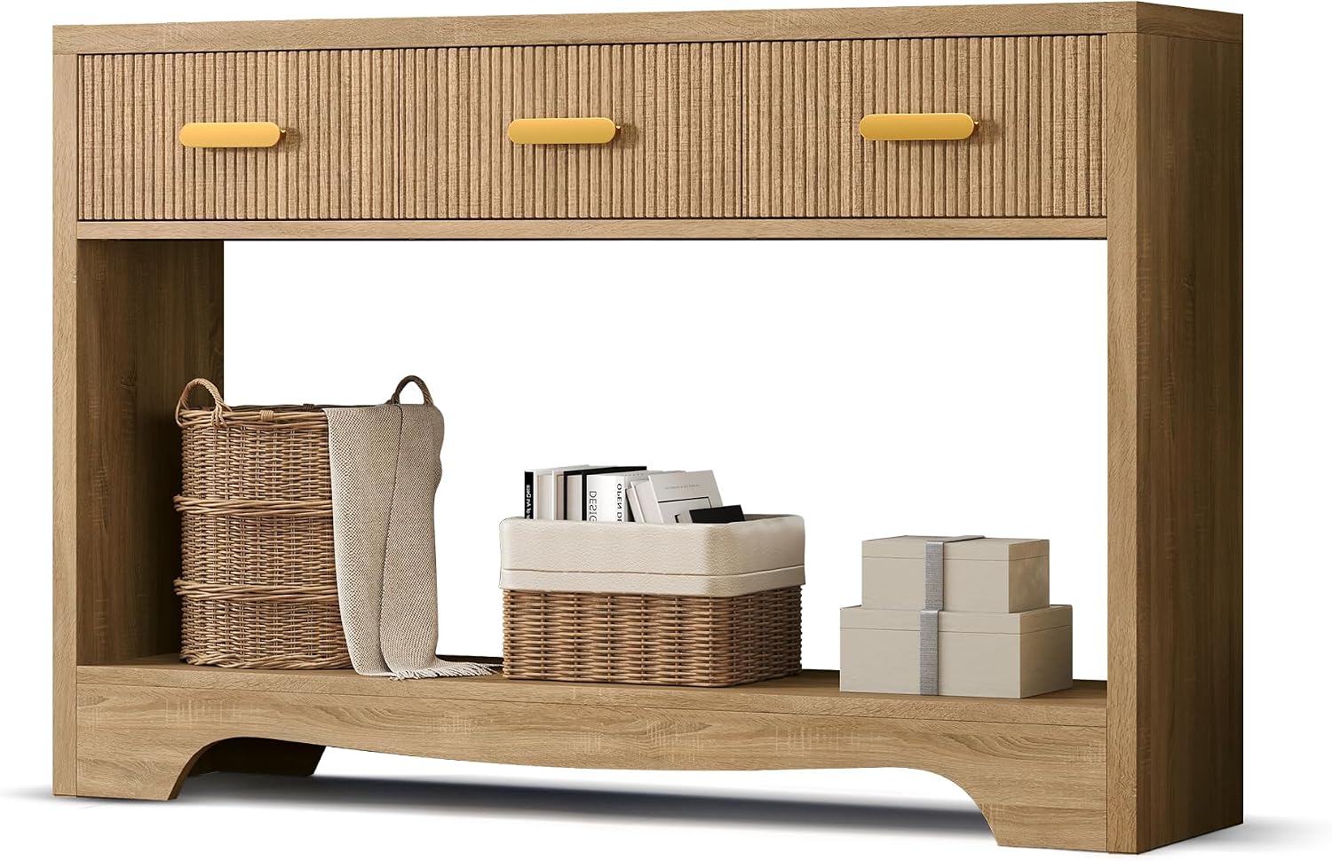 Fluted Console Table with Drawers, 47' Narrow Entryway Table with 3 Drawers and Open Storage Shelf, Long Sofa Tables Modern Behind Couch Tables for Living Room, Foyer and Hallway