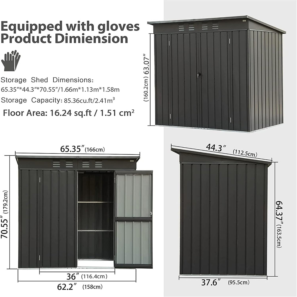 5x3FT Outdoor Storage Shed, with Sloping Roof Galvanized, Latches and Lockable Door, Steel Frame Garden Shed Metal Utility Tool Storage Room for Balcony