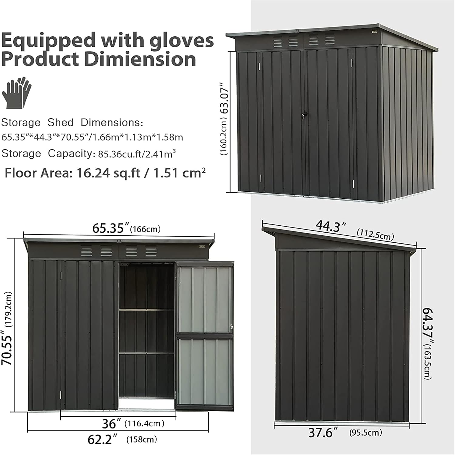 5x3FT Outdoor Storage Shed, with Sloping Roof Galvanized, Latches and Lockable Door, Steel Frame Garden Shed Metal Utility Tool Storage Room for Balcony