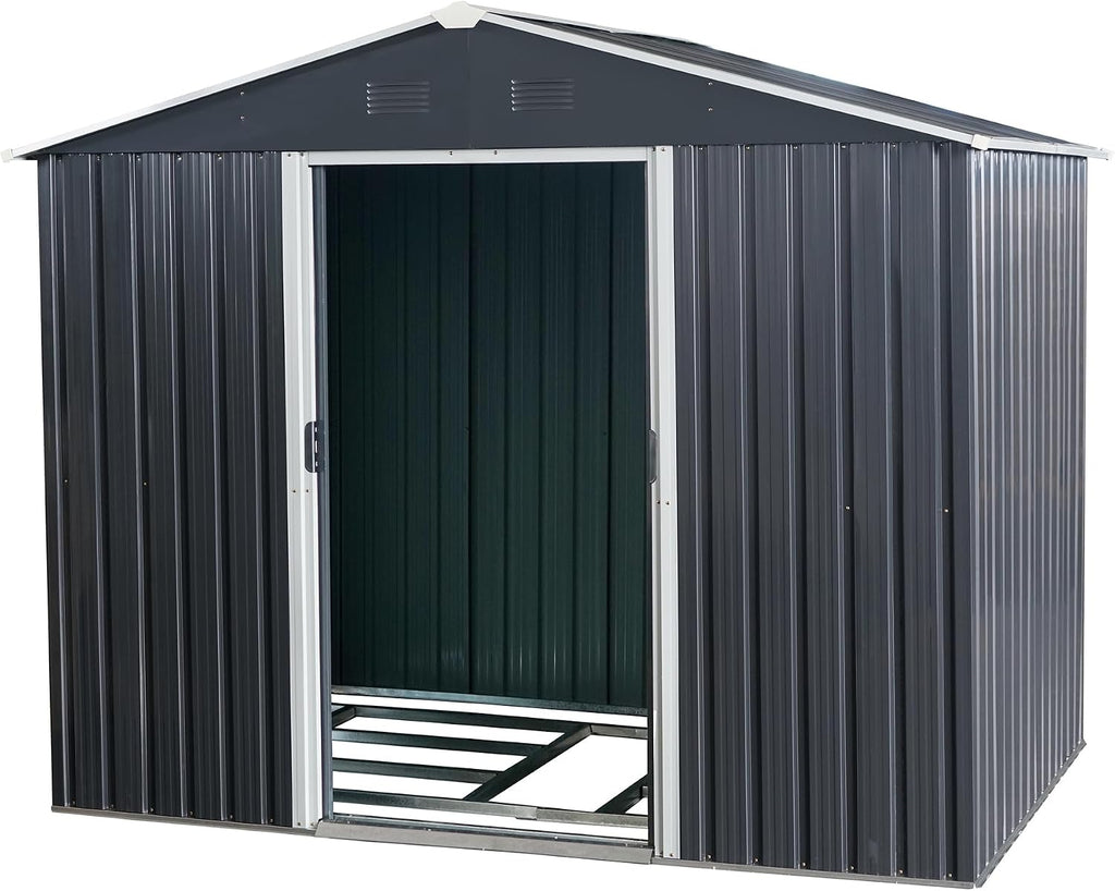 YOPTO 8x6 Outdoor Metal Storage Shed with Floor Base and Vents,Sliding Doors & Padlock,Waterproof Oversized Shelter for Backyard Lawn Patio,Garden,Black