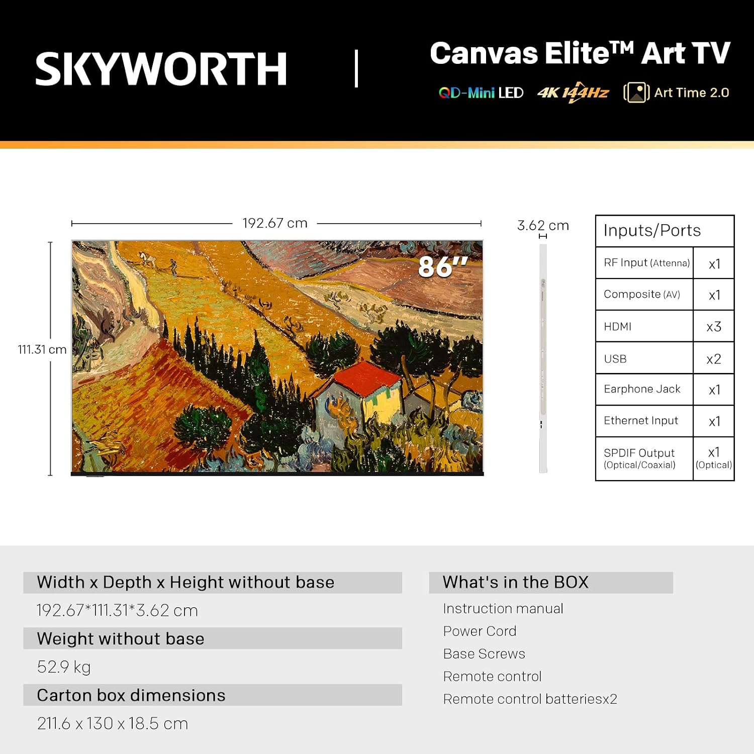 Skyworth 86-inch Canvas Elite™ Art TV QD-Mini LED, 4K UHD, Google TV, 144Hz Refresh Rate, 2000 Nit Brightness, OmniView Matte Screen™