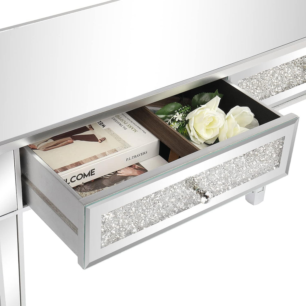 Karl home Mirrored Desk with 2 Drawers Silver Console Table Mirror Sofa Table with Crystal Inlay Front for Living Room, Entryway, Foyer, 42 Inch