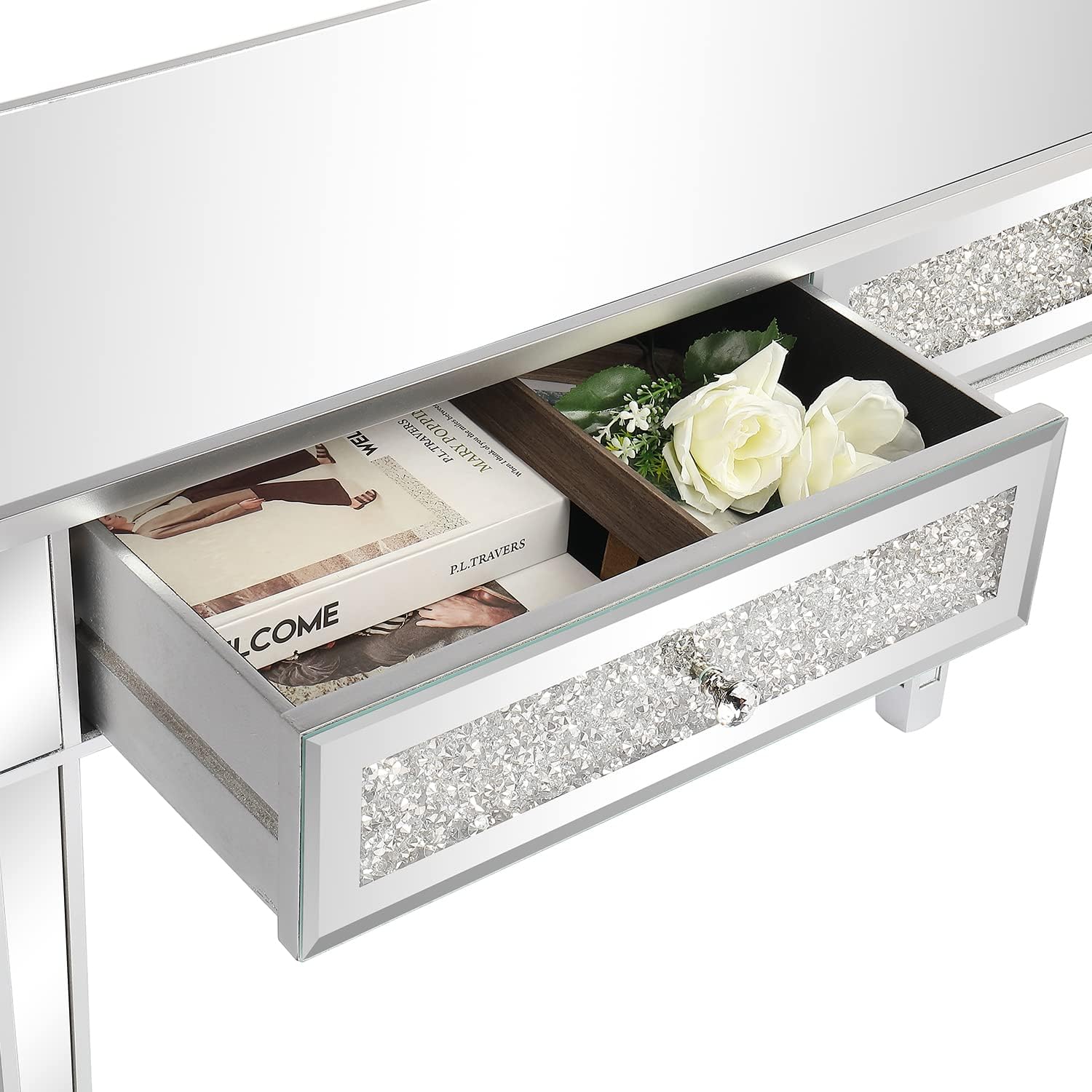 Karl home Mirrored Desk with 2 Drawers Silver Console Table Mirror Sofa Table with Crystal Inlay Front for Living Room, Entryway, Foyer, 42 Inch