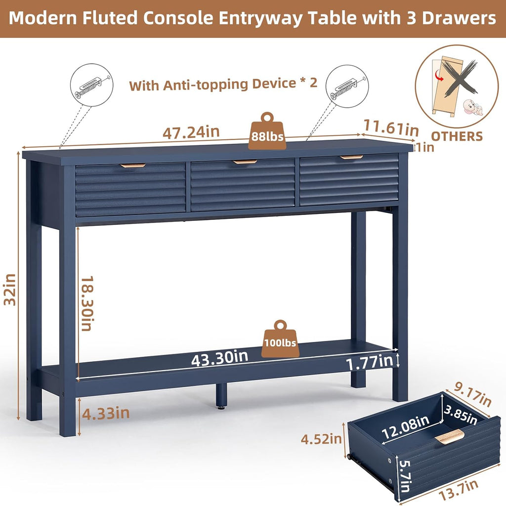 LEYAOYAO Fluted 47.2' Console Table with 3 Drawers, Modern Wood 2 Tier Entryway Table with Open Storage Shelf, Sofa Entry Tables Behind Couch for Living Room, Hallway, Entrance Foyer, Dark Navy Blue