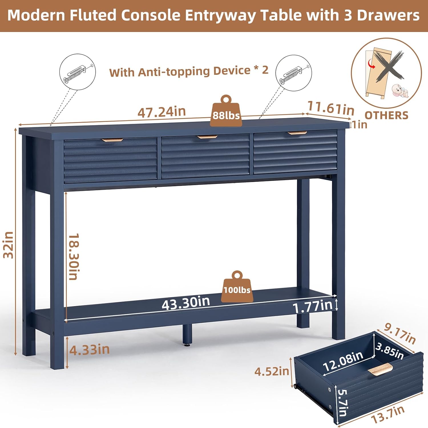 LEYAOYAO Fluted 47.2' Console Table with 3 Drawers, Modern Wood 2 Tier Entryway Table with Open Storage Shelf, Sofa Entry Tables Behind Couch for Living Room, Hallway, Entrance Foyer, Dark Navy Blue