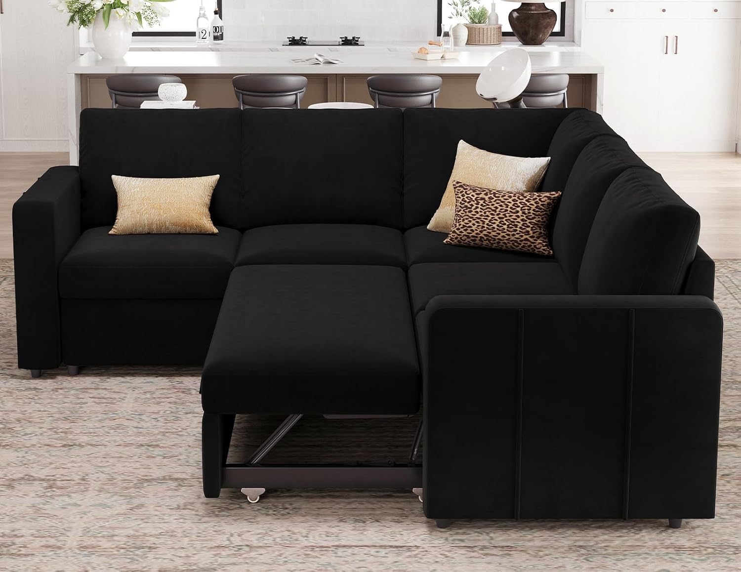Belffin L Shape Modular Sectional Sleeper Sofa with Pull Out Bed Velvet Corner Sleeper Sofa Sectional Couch Convertible Sofa Black