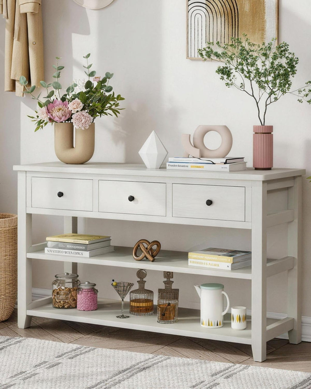 Karl home Console Table Entryway Desk, Sofa Side Table with 3 Drawers 2 Bottom Storage Shelves, Vintage TV Stand for Hallway Living Room Office, Antique White 29.9' H