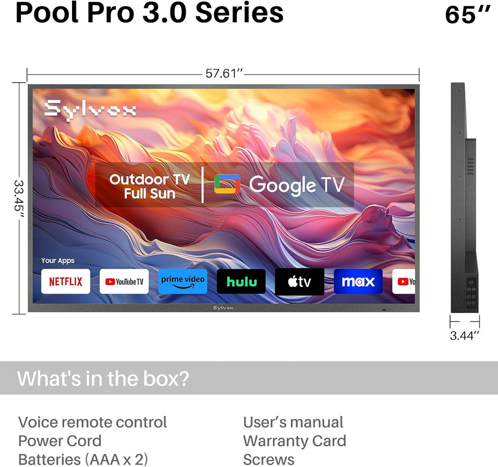 SYLVOX Outdoor TV, 65 inch Full Sun Smart Outdoor TVs, Weatherproof 2000 Nits High Brightness IP56 Waterproof, 4K TV for Outside WiFi Bluetooth Voice Assistant Chromecast (Pool Pro 3.0)