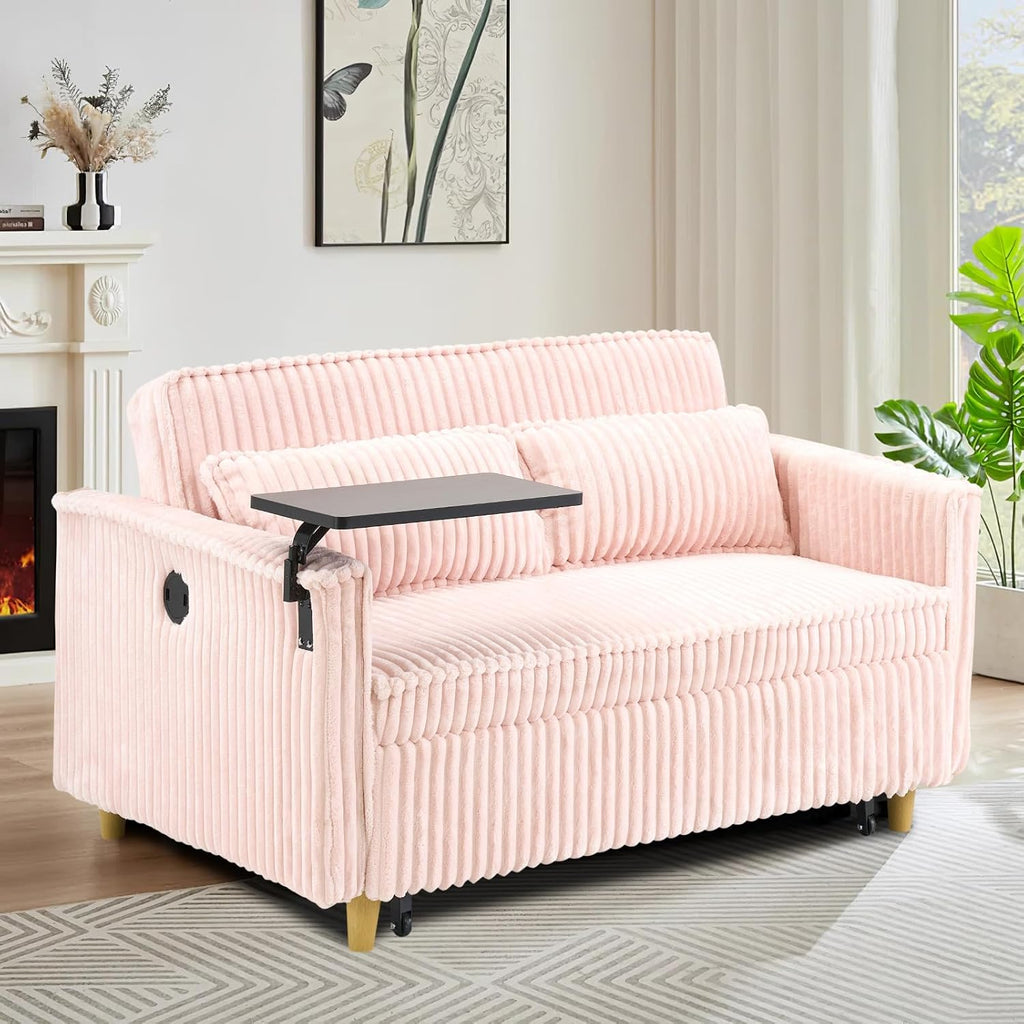 54'W Convertible Sleeper Sofa Bed,3-In-1 Corduroy Pull Out Couch Bed,Futon Loveseat Sleeper Couch with Adjustable Backrest & USB Ports & Side Table,Recliner for Living Room/Office/Small Space(Pink)