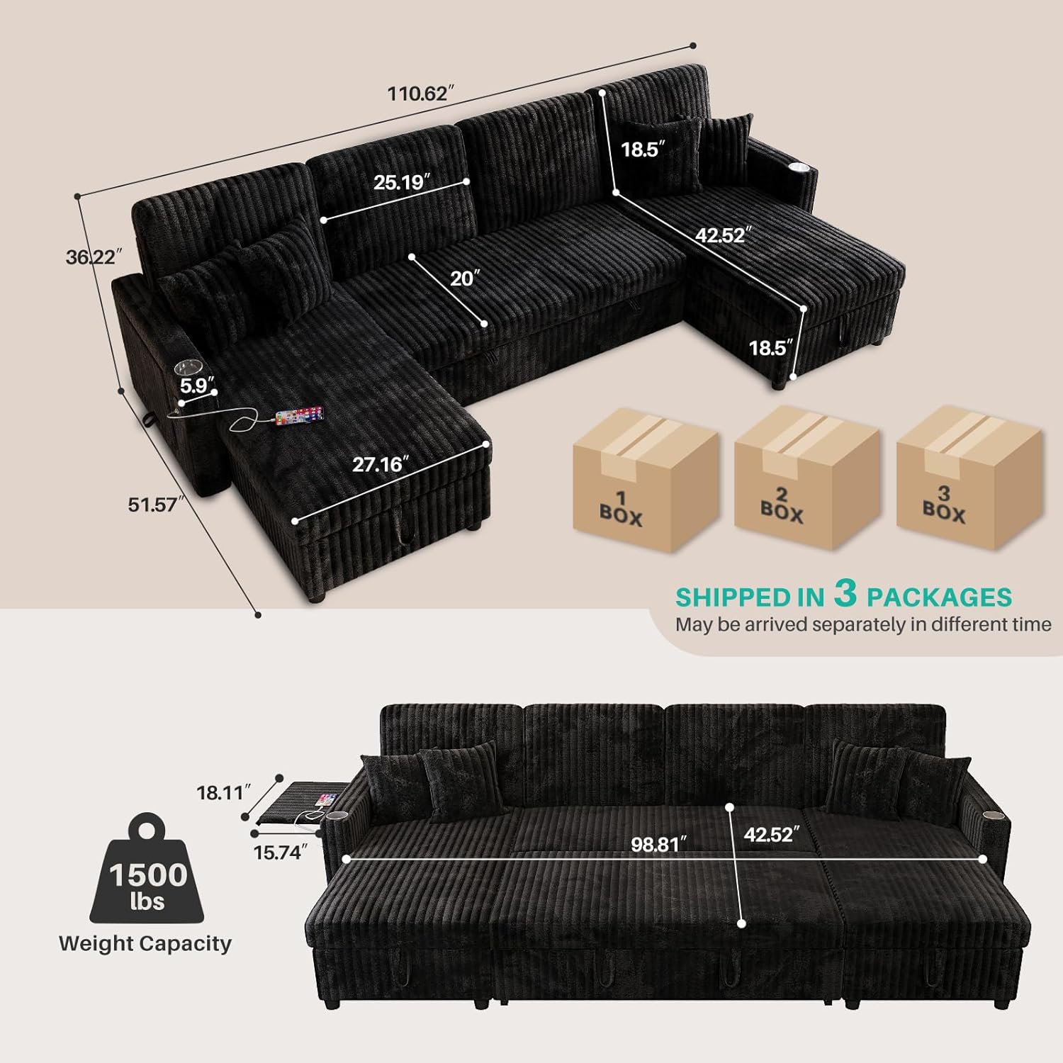 Sleeper Sectional Sofa, 110' Modern U Shaped Couch with Pull Out Bed, Convertible Corduroy Cloud Sofa with Double Storage Chaise, USB, Small Desktop, Comfy Modular Couch for Living Room, Black