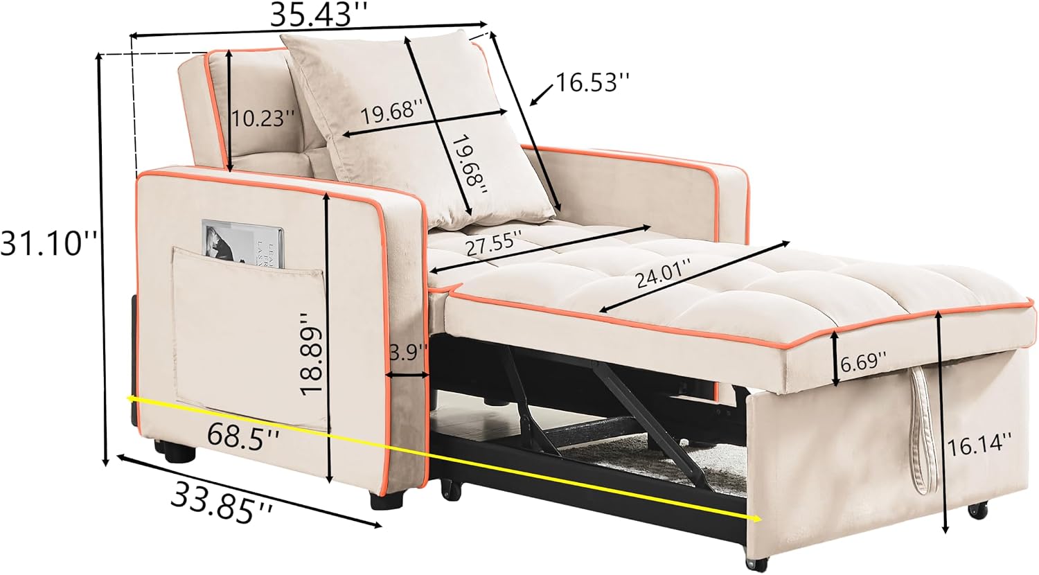3 in 1 Convertible Sleeper Sofa Chair, 35' Pull Out Sofa Bed Recliner for Adult with Adjustable Backrest, Velvet Fabric Sleeper Couch Single Modern Chair for Living Room Bedroom, Cream White